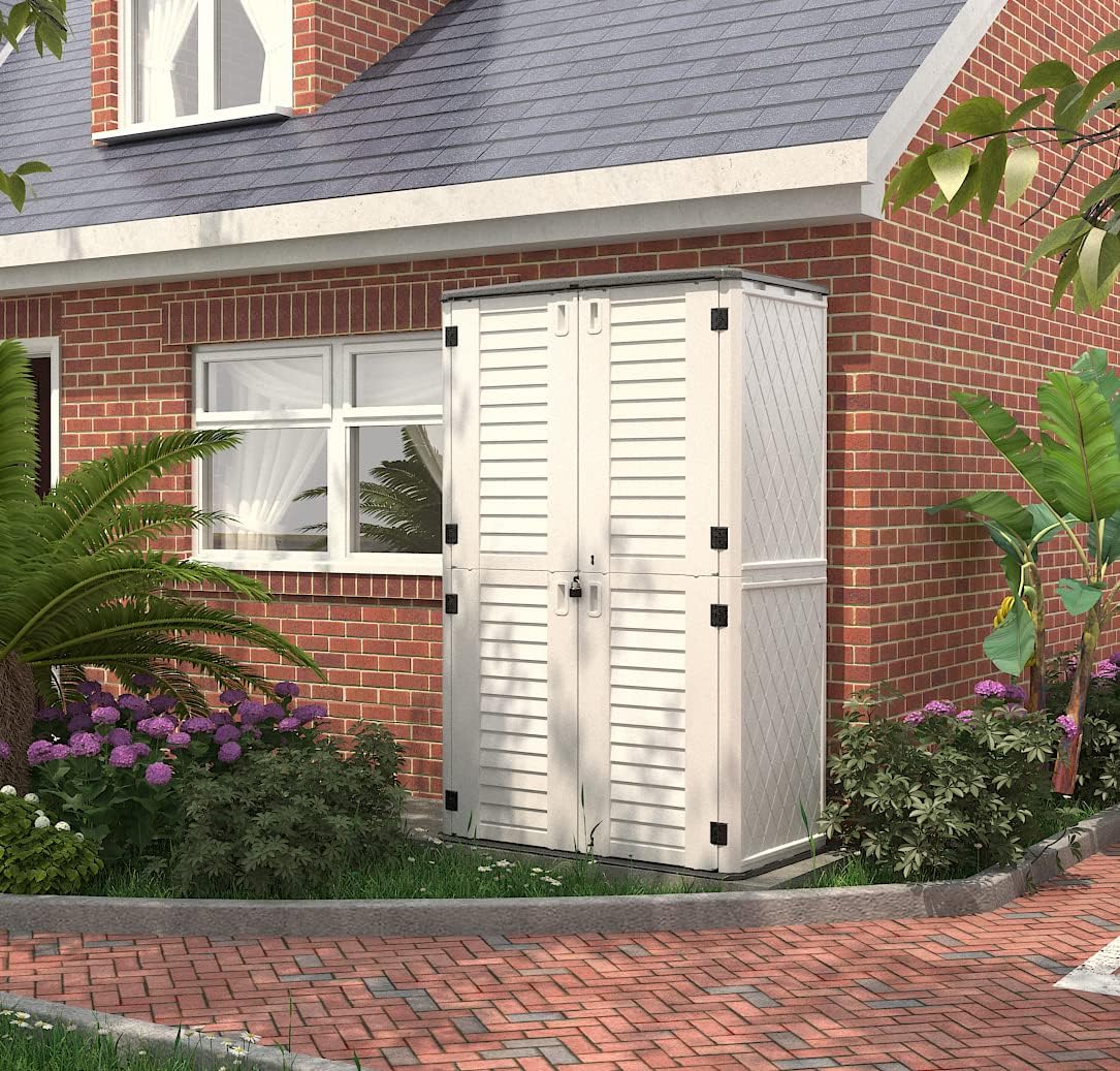 Kinying Outdoor Storage Cabinet, Vertical Storage Shed Perfect to Store Patio Furniture, Garden Tools Accessories,Bike,Beach Chairs and Lawn Mower, 4x2.5 Feet off-white-02B