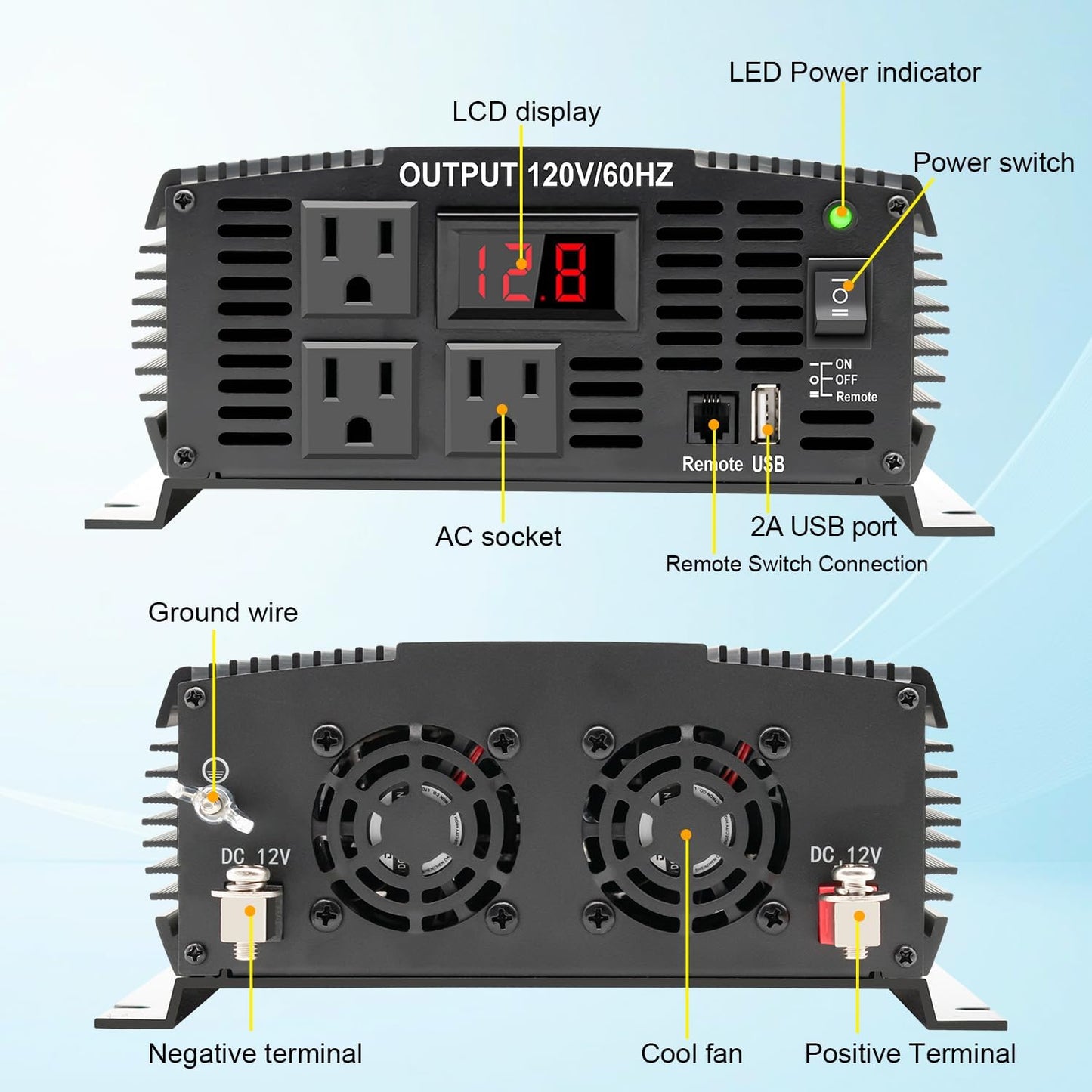 2000 Watt car Power Inverter 12V to 110V/120V Inverter for car Truck semi Truck Vehicles Camping with 1 USB Ports and 2 AC Outlet Power Converter with LCD Display 2000W Inverter