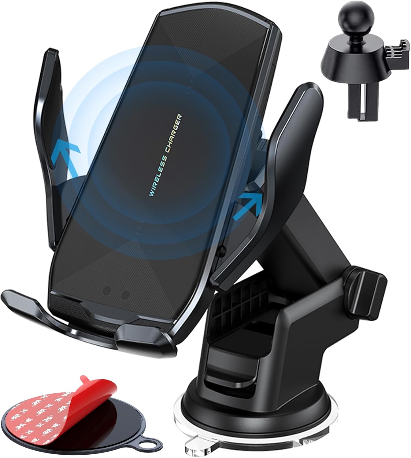 Wireless Car Charger Mount, 15W Qi Fast Charging Auto-Clamping Cell Phone Car Holder Air Vent Windshield Dashboard Long Arm Suction Cup Car Phone Mount for iPhone13 /12/11 Samsung S20/S10/S9/S8 LG