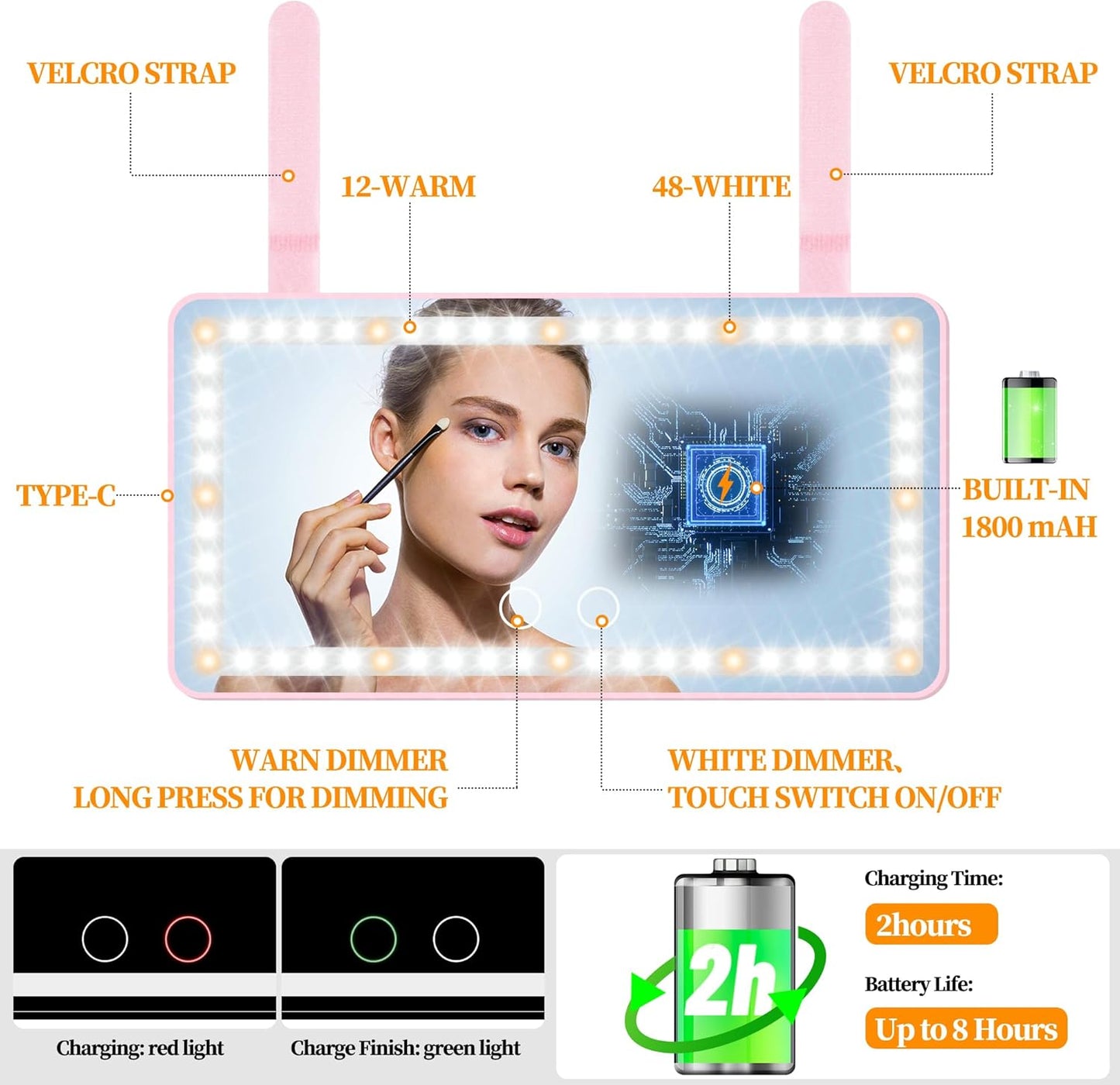 Car Sun Visor Vanity Mirror with Lights, Pink Rechargeable Car Makeup Mirror Accessories, Birthday Gifts for Women Girl, 3 Light Modes, Dimmable Touch Led Screen, Universal for Car Truck