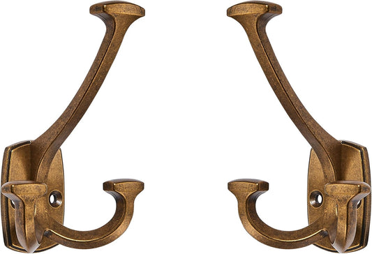 Large Wall Double-Sided Hook 5 Pack Antique Brass Hook Decorative Heavy Duty Solid Large Coat Hooks for Towel Hanging Coats Robe Towel Bags Door Back 2 Prong Hooks