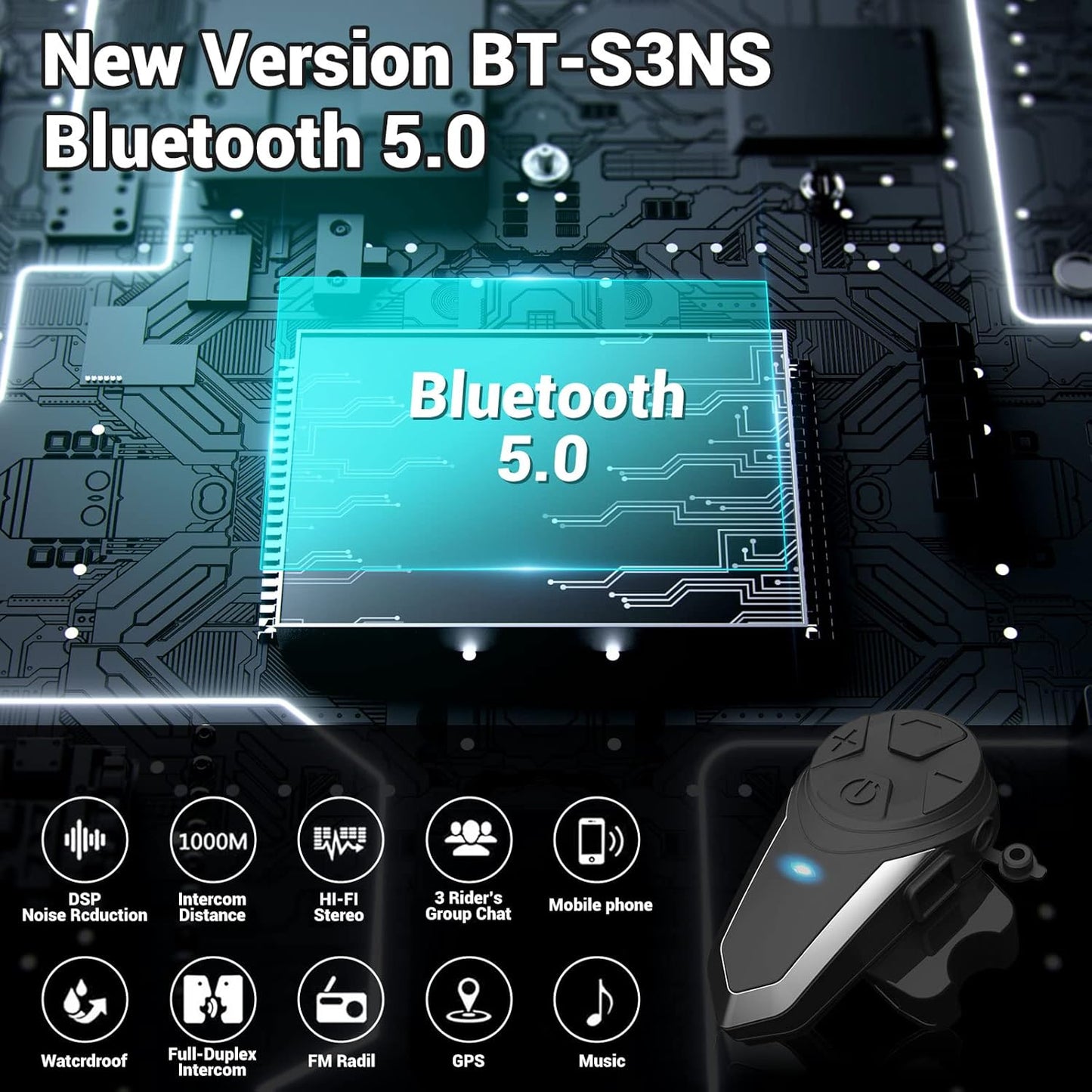 Motorcycle Bluetooth Headset BT-S3NS 1000m Motorcycle Helmet Bluetooth Radio Intercom Wireless Interphone to 2-3 Riders (Waterproof/Handsfree/Stereo Music/FM Radio/GPS/MP3 (2 Pack)