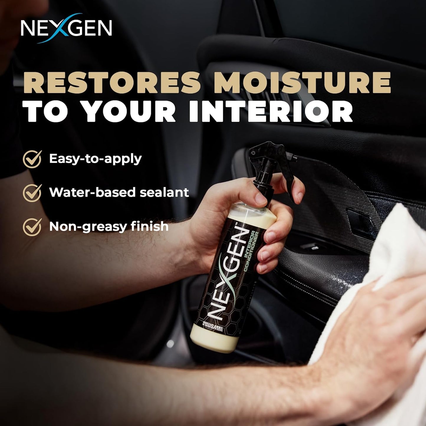 Nexgen Interior Conditioner (8oz) - Non-Greasy, UV-Blocking Formula - Fresh Leather Scent - On-The-Go Car Detailing - Car Cleaning Supplies - for Car Seats, Dashboards, Door Panels, & More