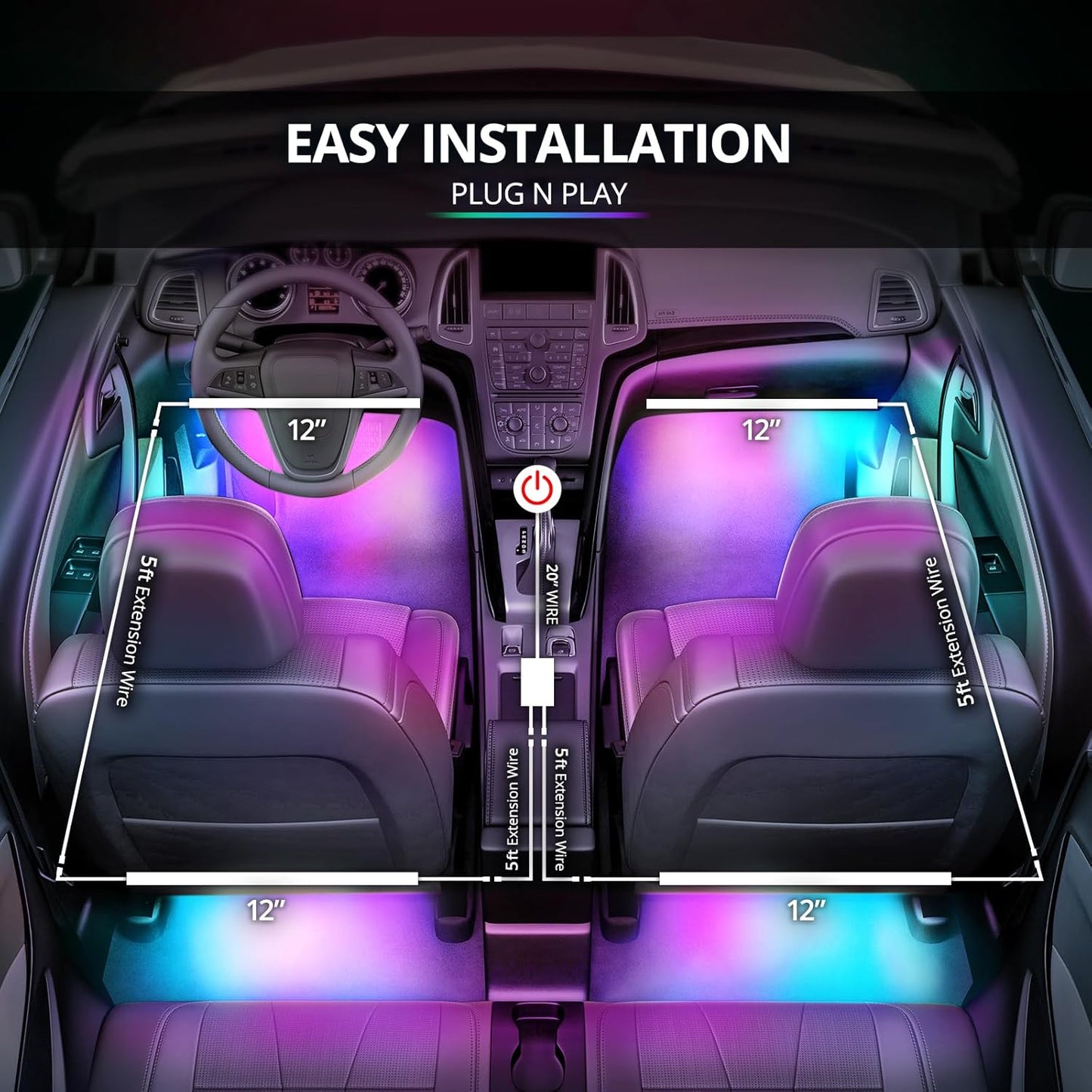 OPT7 Aura DreamColor Interior Light Strips, 4PC Double RGB-IC LED Color Chasing Kit w/APP & Remote Control, Underdash Ambient Lighting Universal for Vehicles Cars Trucks SUVs