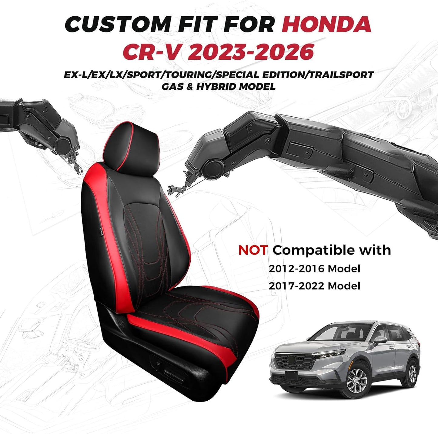 FREESOO Seat Covers for Honda CRV, Custom Fit Seat Covers Full Set, CRV LX EX EX-L Sport Touring Special Edition Trailsport Hybrid & Gas 2023 2024 2025 2026, Waterproof Leather Seat Cover, Black & Red