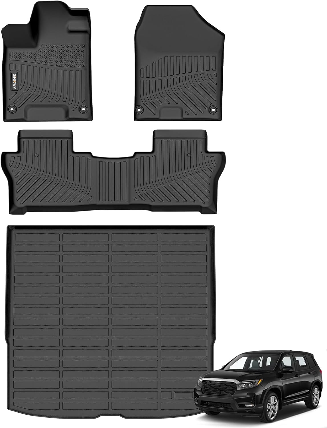 GINOWY-Floor Mats & Cargo Liner for Honda Passport 2019-2024 2025, TPE All Weather Protection Car Mats Custom Anti-Slip Trunk Mat 2025 Passport Floor Liners Waterproof Passport Accessories Black