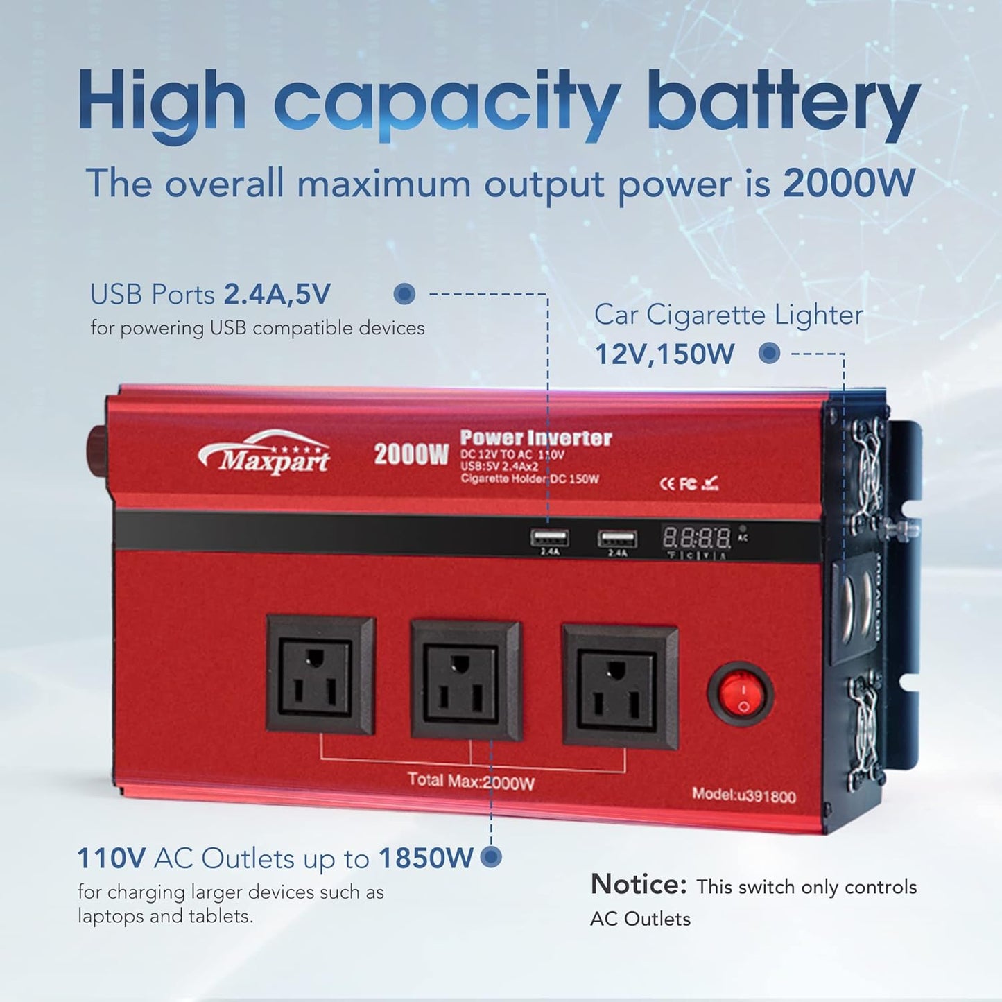 2000w Inverter 12v Car Power Inverters for Vehicles Truck with USB Charging Port,12v DC to 110v AC Inverter Converter with 3 AC Outlets 2000 Watt Invertor Solar Battery Inverter