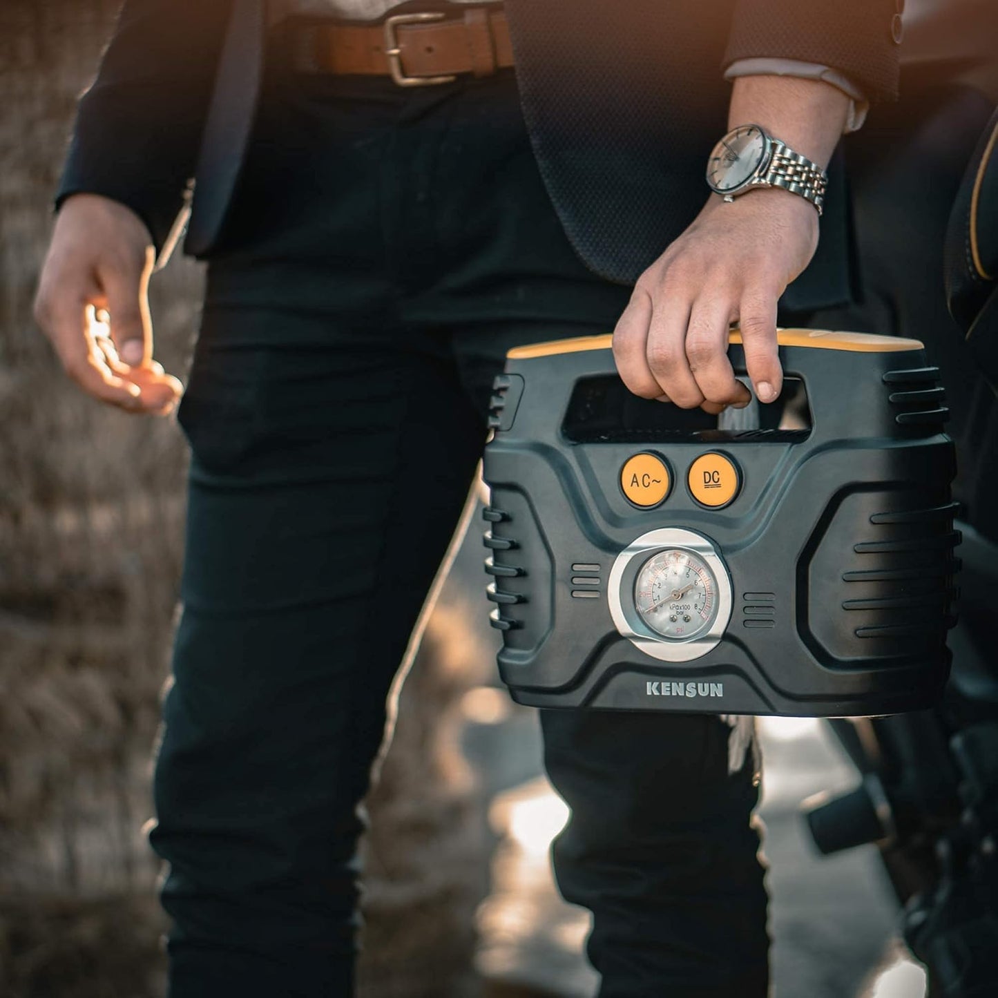 Kensun Portable Air Compressor Pump for Car 12V DC and Home 110V AC Swift Performance Tire Inflator 100 PSI for Car - Bicycle - Motorcycle - Basketball and Others with Analog Pressure Gauge (AC/DC)