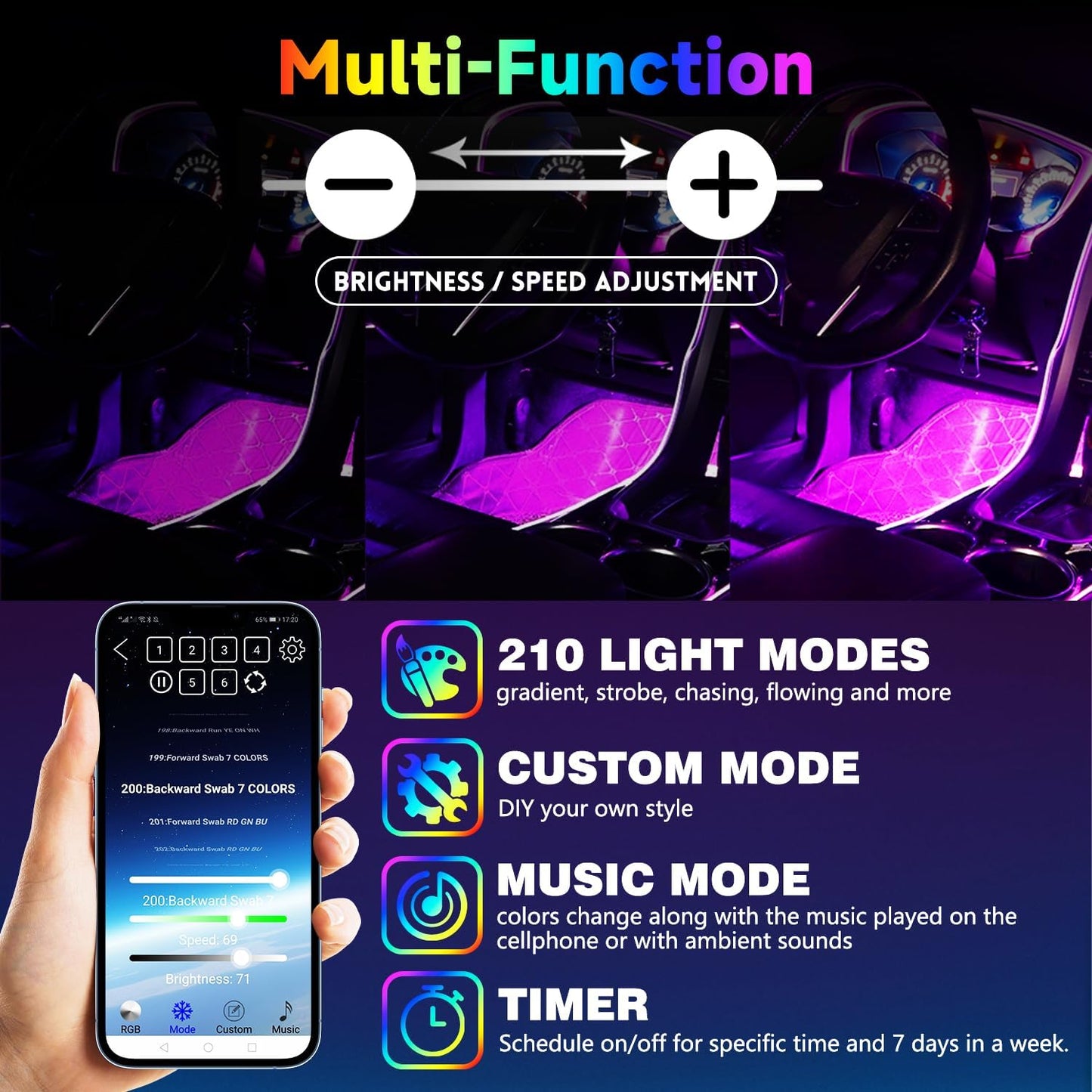 Car Led Interior Foot Well Light Strip Under Dash Bendable PVC Housing RGB 48LEDs Customizable 210 Modes Static Chase Gradient Strobe, Timer App Switch Control, USB 5V, No Remote