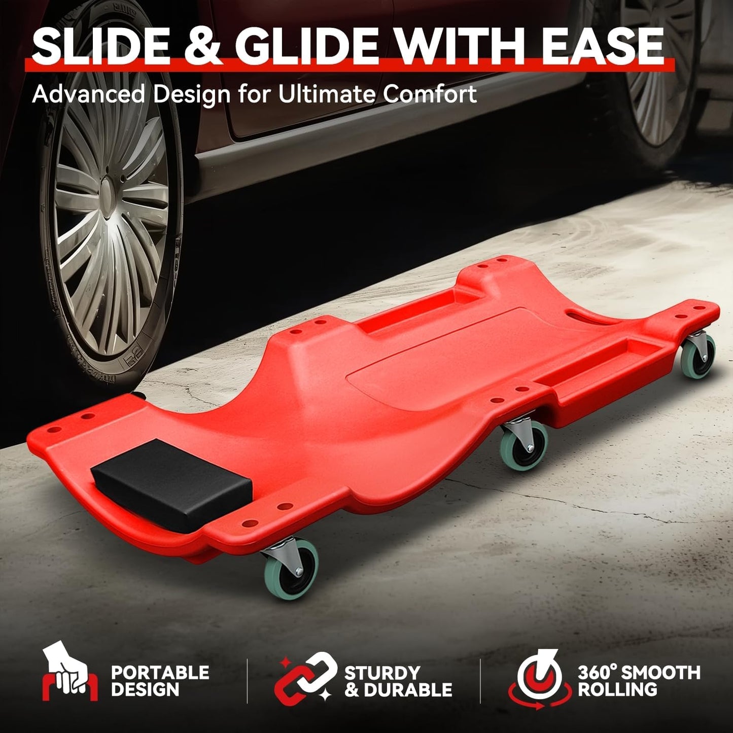 Auto Dynasty 40 Inches Mechanic Creeper, Automotive Garage Repair Low Profile Under Car Rolling Creeper with Padded Headrest, Plastic, Red