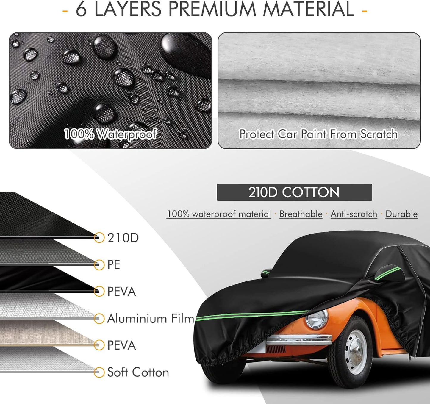 for VW 1960-1980 Volkswagen Beetle Bug Sedan 2-Door Saloon Car Covers 210D Outdoor Waterproof UV, Custom-fit Protective Full Covers with Cotton Layer, Zipper Door, Reflective Strip, Storage Bag