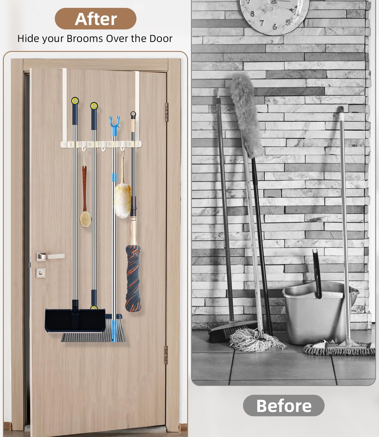 Broom Holder Over The Door - 304 Stainless Steel Mop and Broom Holder Wall Mounted or Hanging Over The Door with Hooks - Broom Hanger - white, Broom Storage Tool Organizer for Closet Laundry