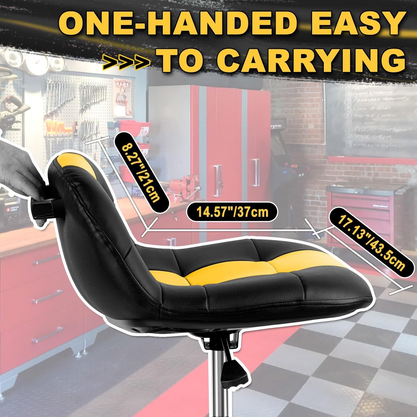 Rolling Stool with Wheels, Adjustable Height Pneumatic Garage Work Mechanic Stool Seat with Backrest, 400 LBS Capacity 360° Swivel Mechanic Crepper Chair with Tool Tray Storage, Yellow