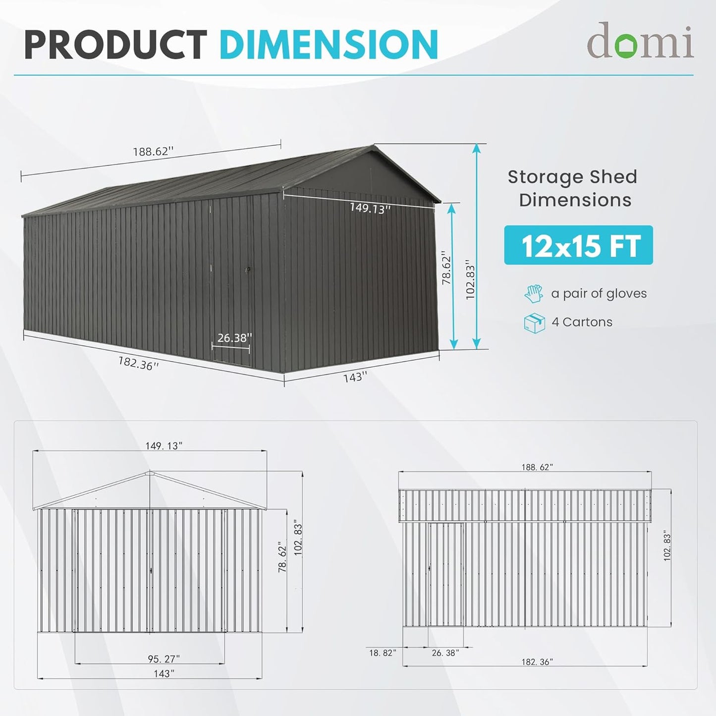 Domi 12'x15' Metal Garage Shed, Heavy Duty Outdoor Steel Carport with Lockable Double, Side Doors, 80MPH Wind and Snow Resistant Enclosed Storage for Cars, Trucks, Motorcycles, Tools, Dark Grey