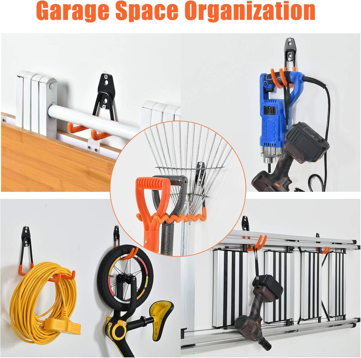 AOBEN Garage Hooks,24Pack Heavy Duty Garage Hanger Organizer Anti-Slip Double Wall Garage Storage Hooks for Ladder, Power Tool,Bike,Ropes (23 Hooks & 1 hoder Strap)-Orange