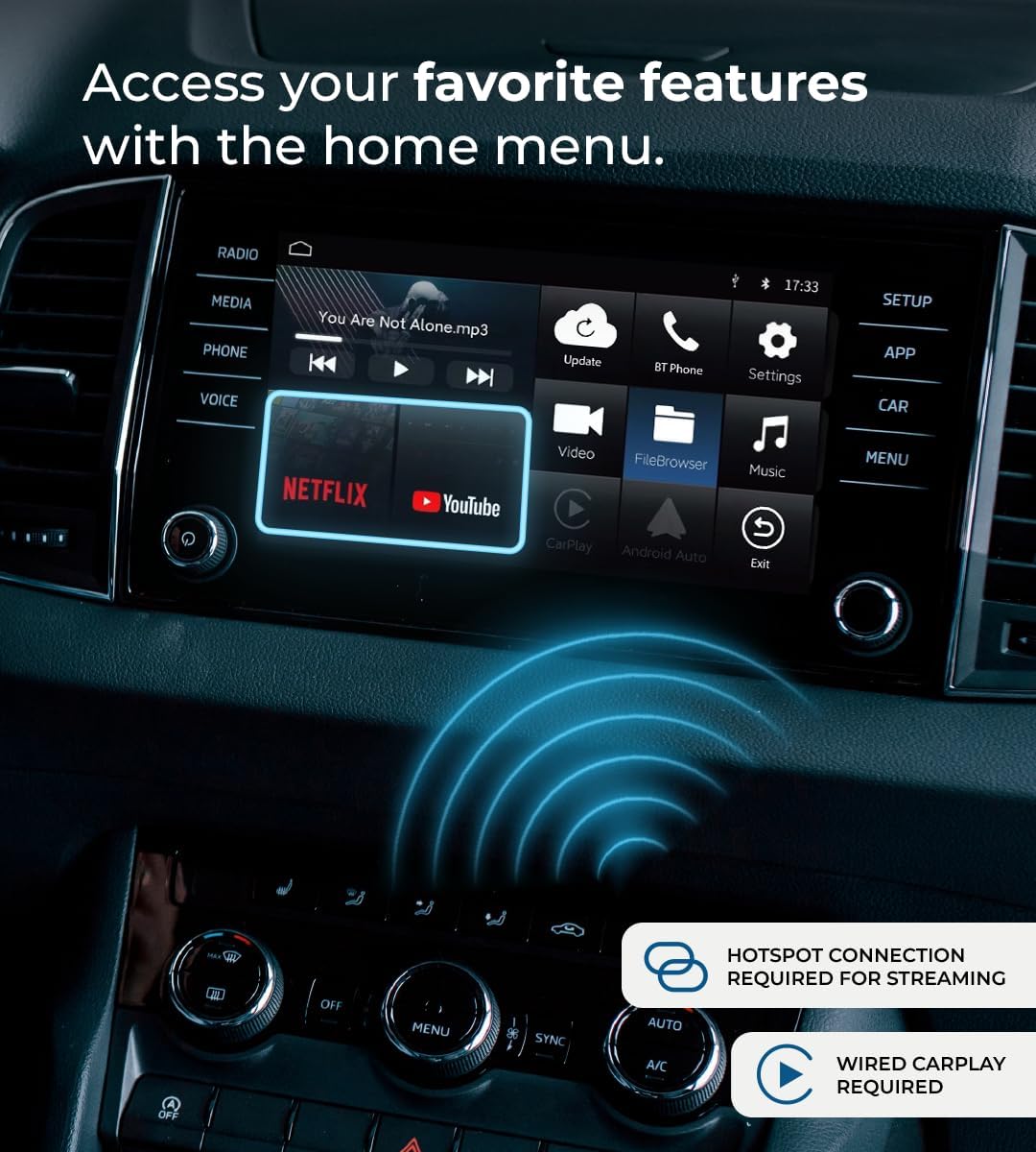 AutoSky Ai Box Lite Air - Streaming on the Go, Netflix and Youtube in your car. Convert Your Wired CarPlay into Wireless CarPlay or Android Auto. HotSpot Required for Streaming. Wired CarPlay Required
