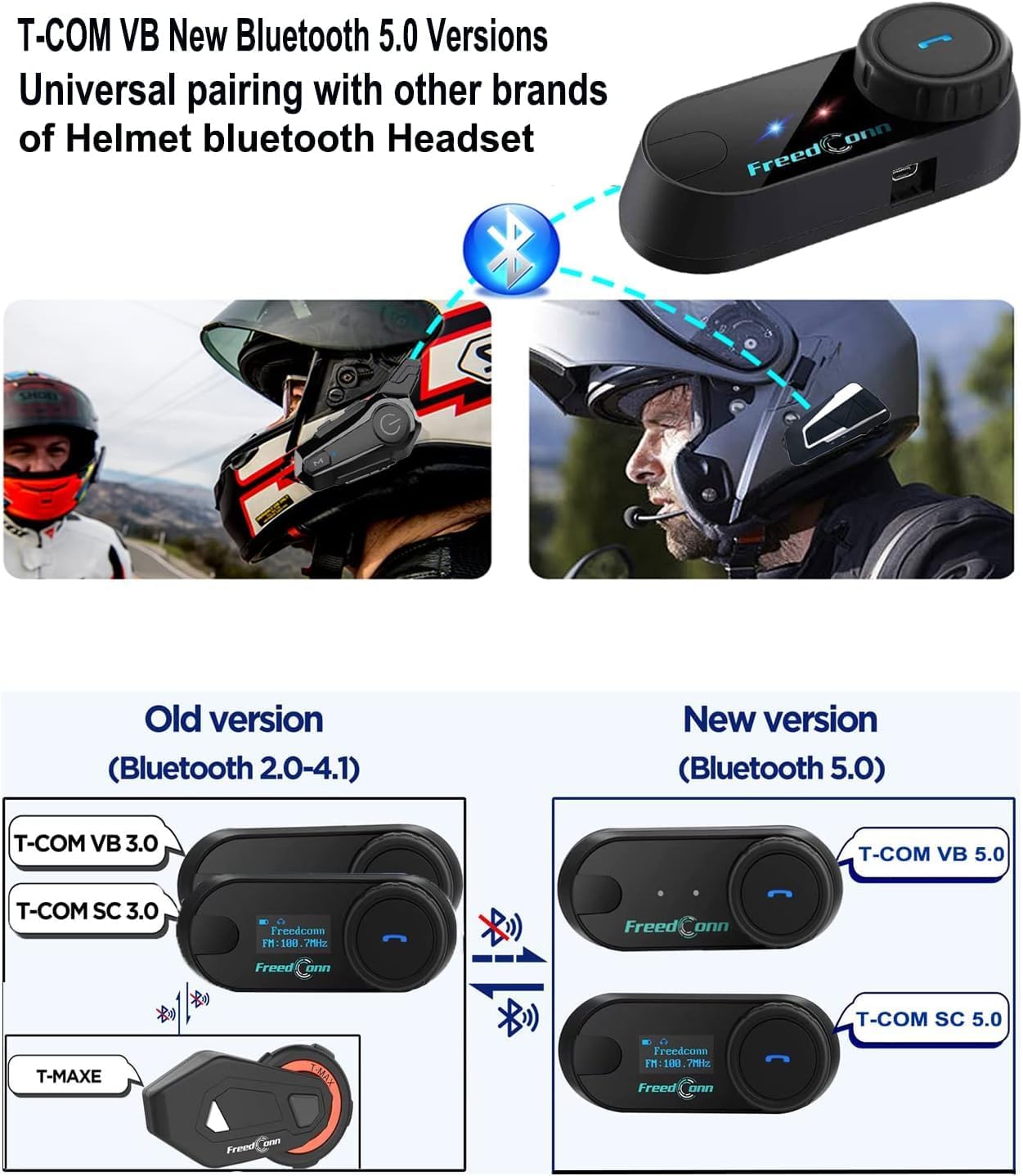 FreedConn Motorcycle Helmet Bluetooth Headset,TCOM VB with Music Sharing 2-Riders 800M Universal Intercom Communication Systems,Waterproof Motobike Interphone/FM/Siri/BT5.0/2 in 1 Mic for All Helmets