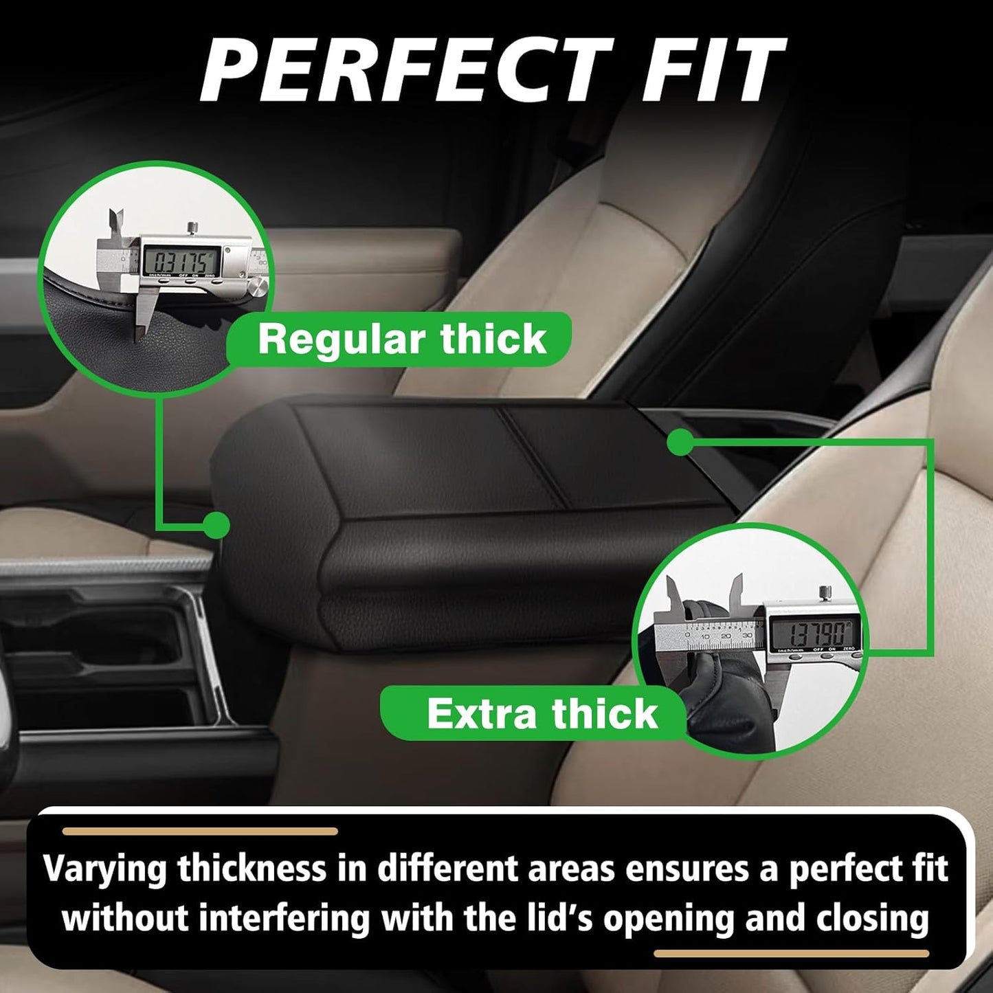 Muslogy Center Console Armrest Cover Compatible with Ford F250 F350 F450 2023 2024 2025 Super Duty Comfort Armrest Pad Arm Rest Cushion Vegan Leather Protector 1-Inch Extra Thick(Bucket Seat ONLY)