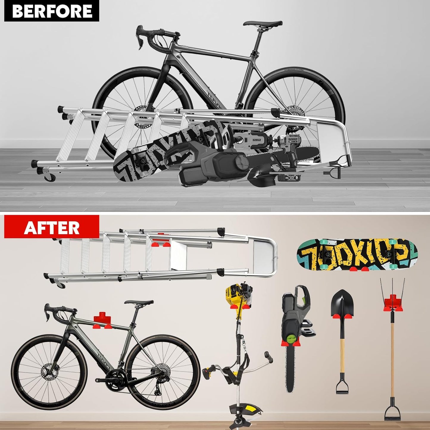 Garage Organization Weedeater Hanger Garage Organizer Trimmer Rack, Wall Mount Garden Tool Organizer Heavy Duty Tool Hangers for Hedge Trimmer, Chainsaw and Leaf Blower (1 Pack, Red)