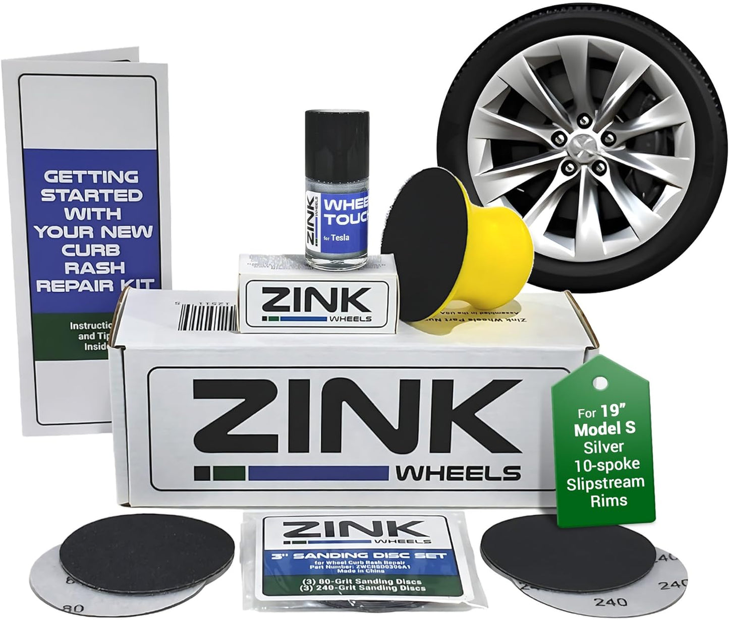 Premium Tesla Wheel Curb Rash Repair Kit for Model S 19-inch Silver Slipstream Rims - DIY Kit with Color-matched Touch Up Paint - Made in USA