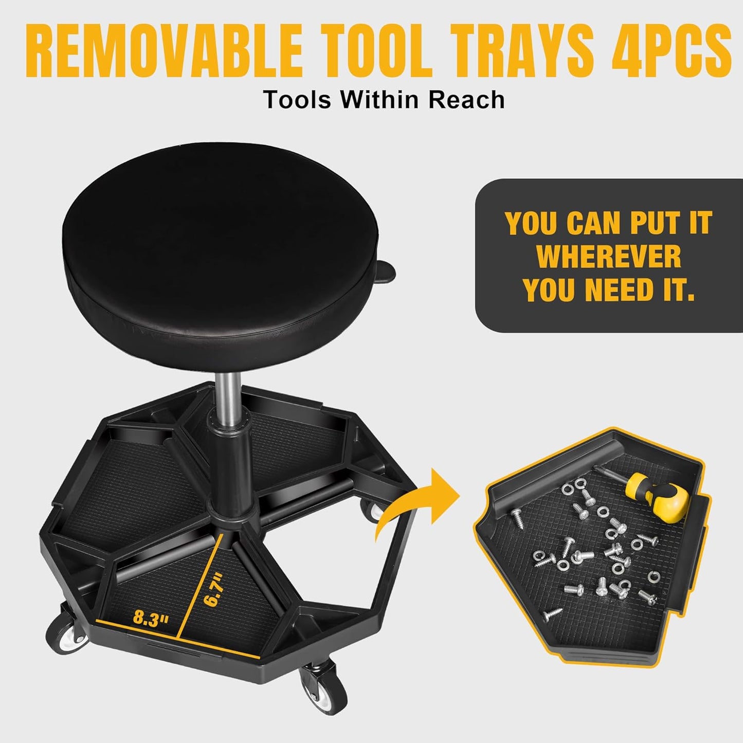YELLOW JACKET Rolling Garage Seat with Wheels Adjustable Height Pneumatic Mechanic Stool 300Lbs Heavy Duty Shop Creeper Seat with 4 Removable Storage Tool Tray Workshop Chair for Auto Repair