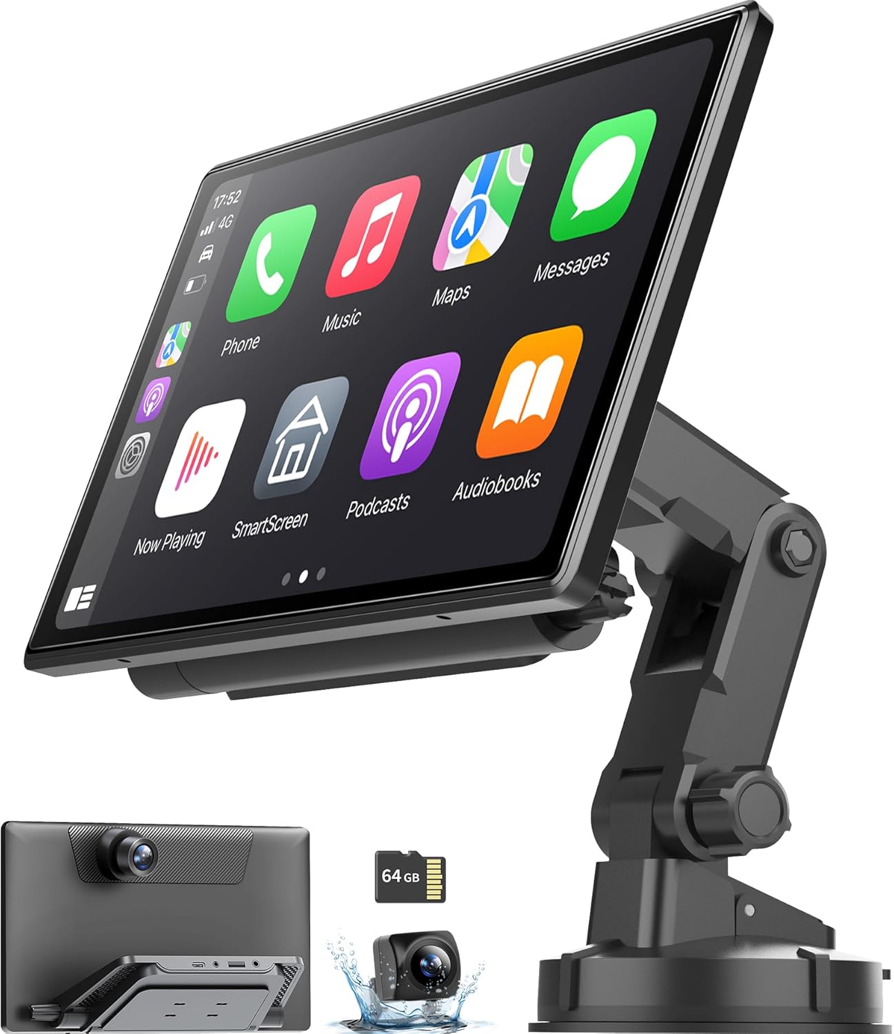 Wireless Portable Carplay Screen with 4K Dash Cam, Android Auto, 9'' Auto-Dimming Screen with Strongest Suction Mount, GPS Navigation for Car, 1080P Backup Camera, Loop Recording
