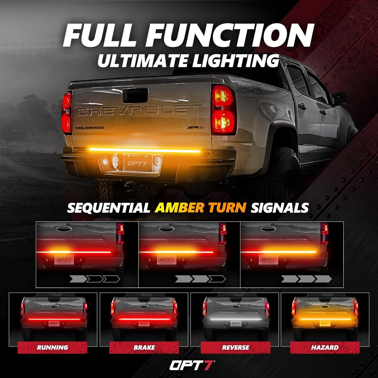 OPT7 48" Redline Triple Row LED Tailgate Light Bar w/Sequential Amber Turn Signal - Weatherproof Rigid Aluminum Frame Light Strip for Colorado Canyon Frontier - Full Functions Reverse Brake Running