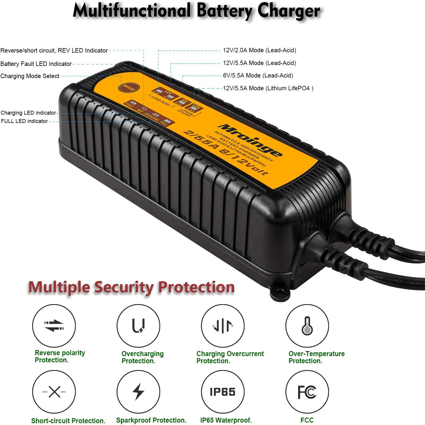 MBC055, 6V/12V 5.5A Smart Vehicle Battery Charger Maintainer for Cars Motorcycles RVs TVs Boat for Normal Lead Acid Gel AGM Sealed Wet or 12V-Lithium(LiFePO4) Batteries, with IP65 Waterproof