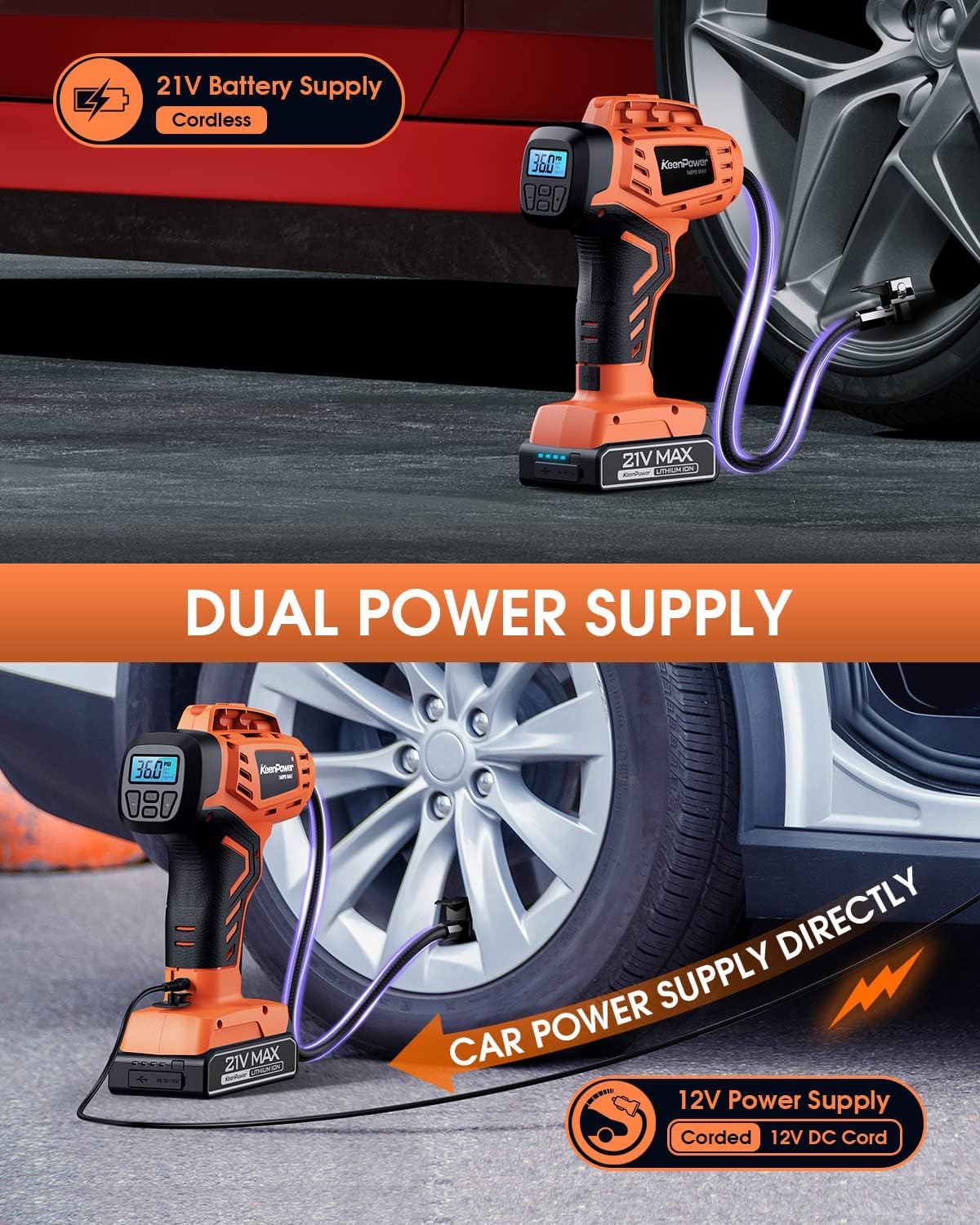 Tire Inflator Air Compressor, 21V Cordless Car Tire Pump with Rechargeable Li-ion Battery, 12V Car Power Adapter, Digital Pressure Gauge, Suitable for Cars E-bikes Balls Motorcycles