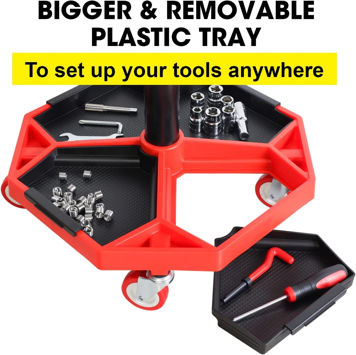 BIG RED ATRXF8308R Torin Heavy Duty Pneumatic Garage Rolling Stool/Creeper Seat with Removable Plastic Tray, 300 lb Capacity, Black/Red