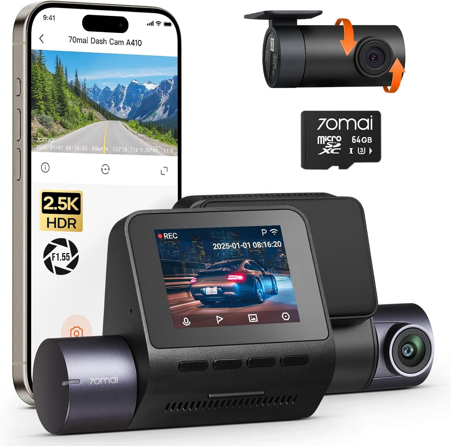 70mai Dash Cam Front and Rear - 2.5K+1080P Dual Dash Camera with HDR, Super Night Vision, F1.55 Aperture, 24H Parking Mode, Built-in Wi-Fi & GPS, G-Sensor, Loop Recording, 64GB Card Included (A410)