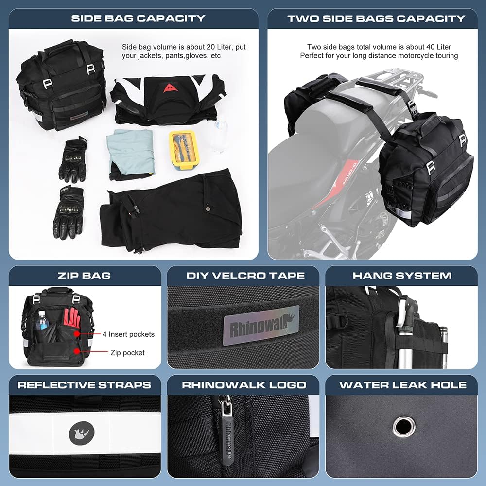 Rhinowalk Motorcycle Saddlebag Waterproof Motor Luggage Pack Quick Release Motorbike Side Bag 20L Fits Most Adventure and Sports Bike Motorcycle Racks(Black, 1 Pack)