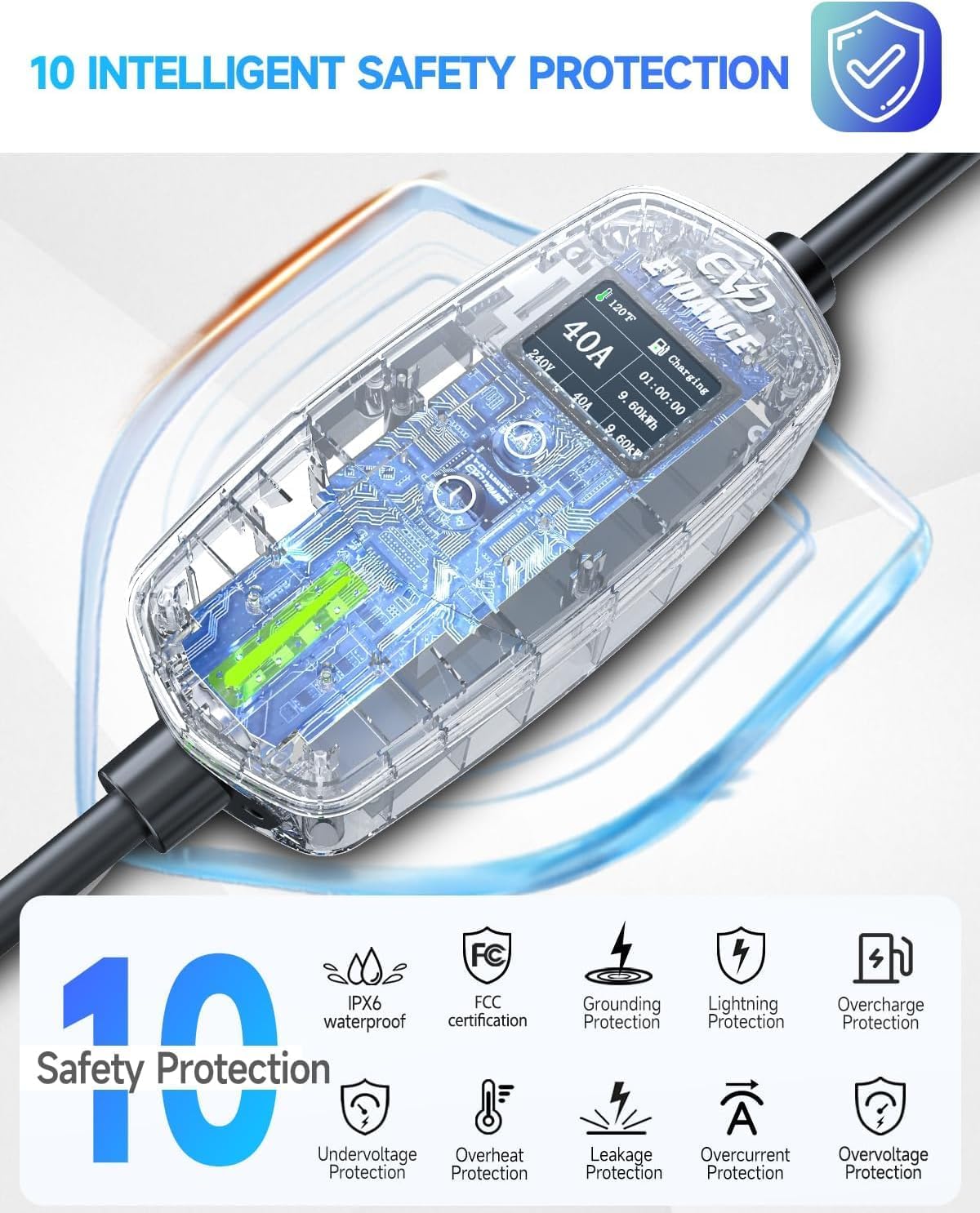 Level 2 EV Charger 40Amp, 240V 9.6KW Portable Electric Vehicle Charging Stations with NEMA 14-50P, 25FT Cable Adjustable Current/Timing Delay Home Electric Car Charger for J1772 BEVs/PHEVs