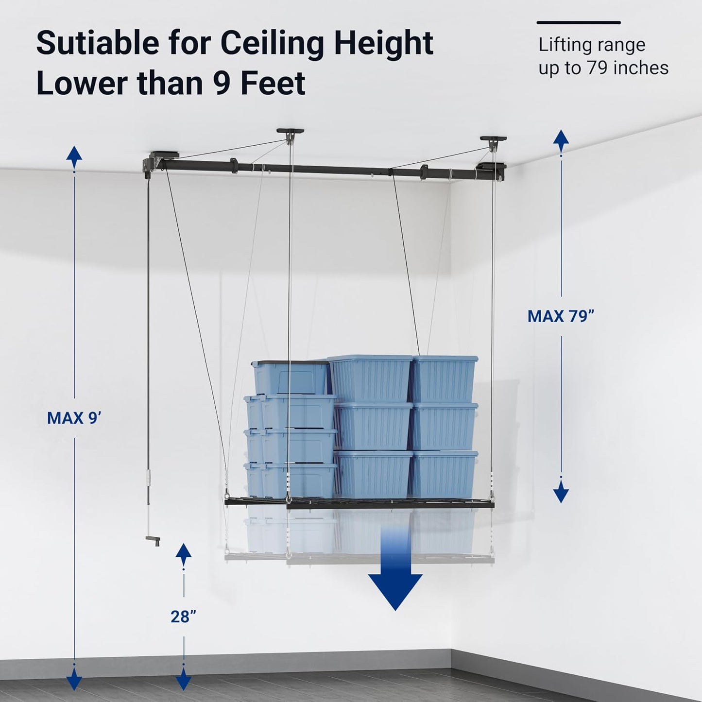 FLEXIMOUNTS Overhead Garage Storage Rack, 4x4 Ft Heavy-Duty Garage Ceiling Storage Racks, Adjustable Organization System with 71'' L Axle, 300lbs Weight Capacity, Carbon Black