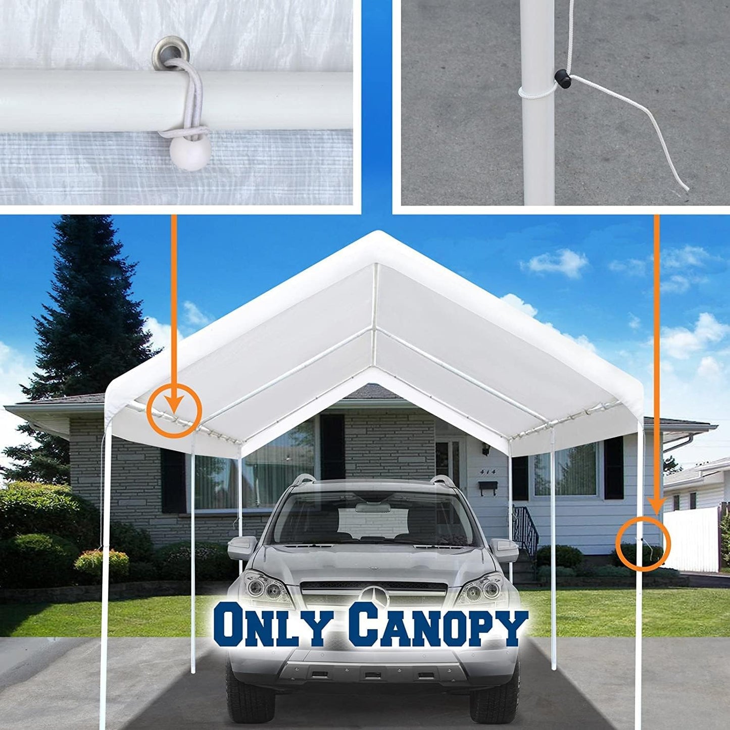 Rutile 12'x20' Carport Replacement Top Canopy Cover for Car Garage Shelter Tent Party Tent with Ball Bungees White (Only Top Cover, Frame is not Included)