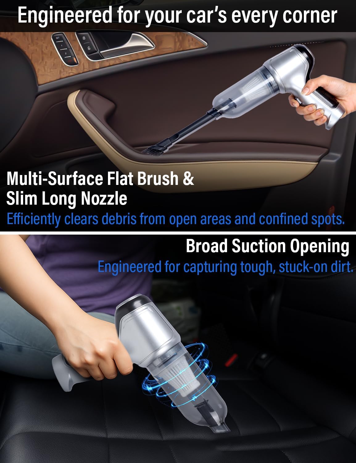 EcoNour Cordless Handheld Car Vacuum Cleaner | 120W Power, Dual Battery & 12000Pa High Power Mini Vacuum for Car Detailing | Rechargeable Dust Buster, Portable Handheld Vacuum for Home & Pet Hair