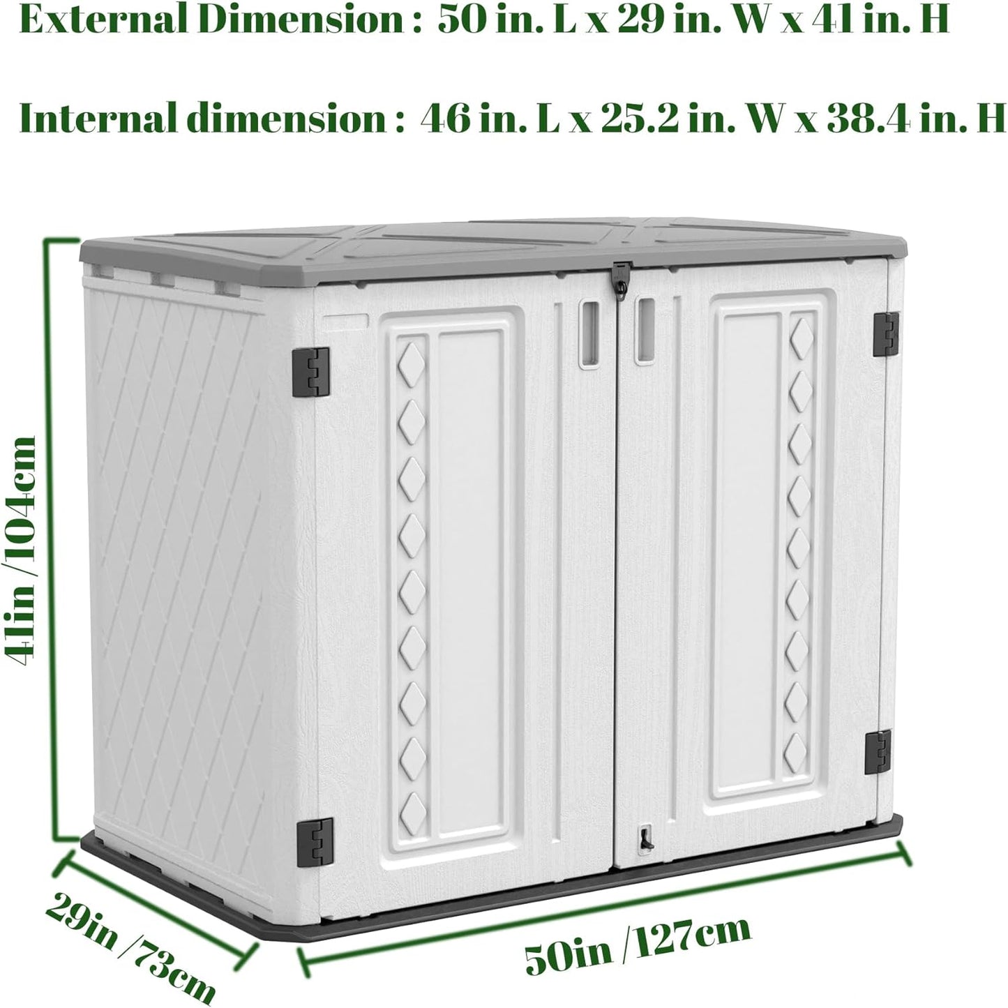 ADDOK Horizontal Storage Shed Outdoor with Floor, 27 Cu Ft Capacity Plastic Storage Shed with Lockable Double Doors, All-Weather Condition Use for Patio, Backyard, Lawn and Garden, White