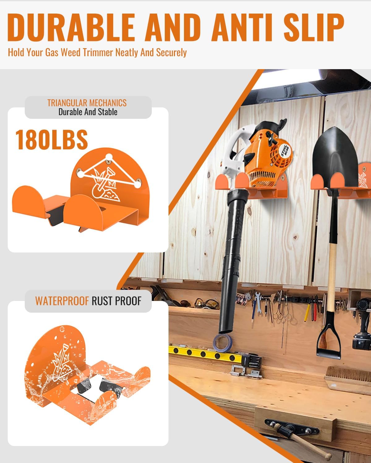 Weedeater Rack & Garden Tool Hanger - 180LB Heavy-Duty Alloy Steel Wall Mount Set, for Stihl Power Tools, Grass Trimmer, Garden Tools, Space-Saving Storage for Garage, Shed, Workshop