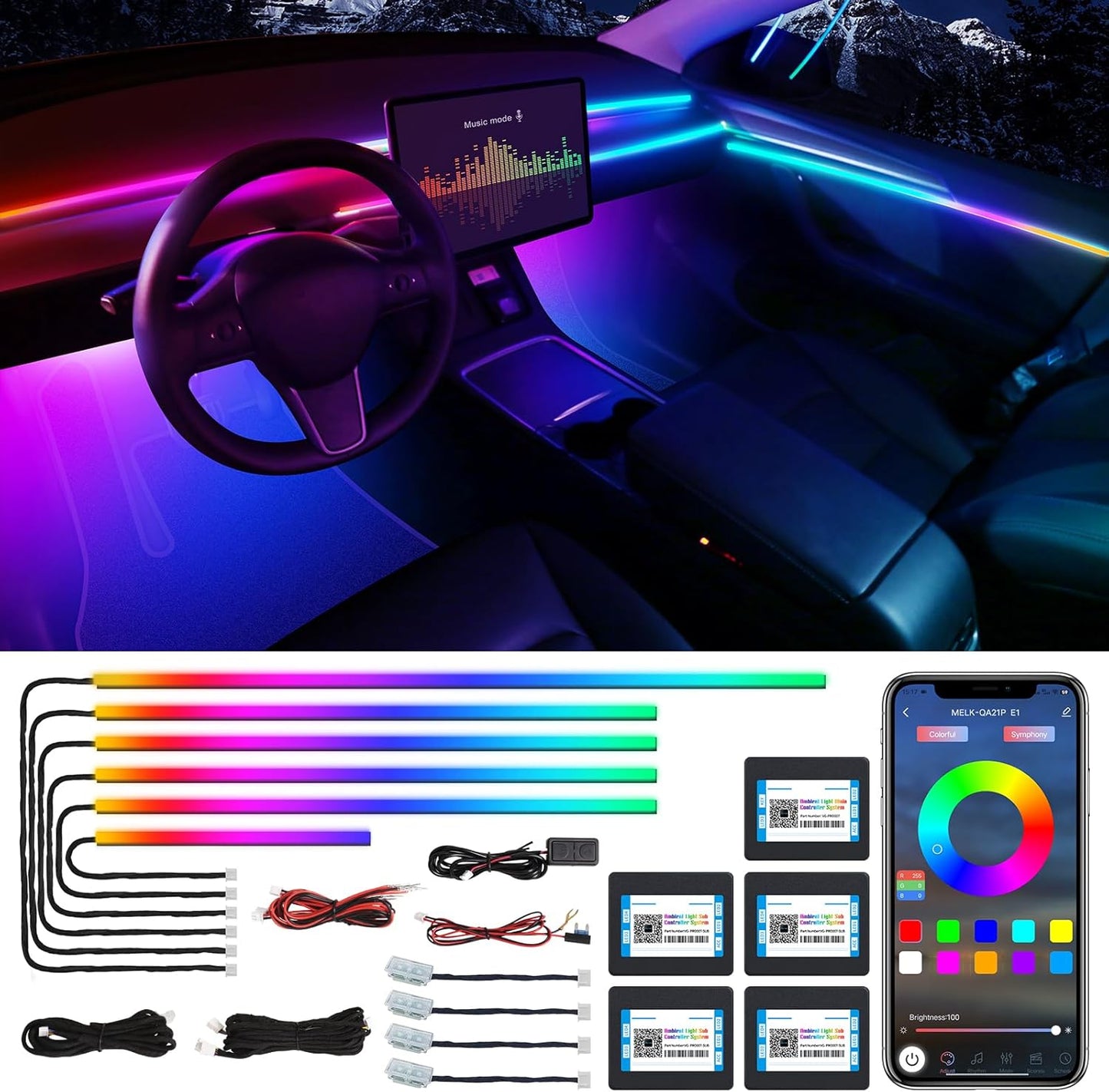 Acrylic Interior Car LED Strip Light with Wireless APP, Dreamcolor RGB 10 in 1 with 175 inches 600 LEDs Fiber Optic Car Ambient Lighting Kits, Dual Zone Sound Active Function LED Strip for Car