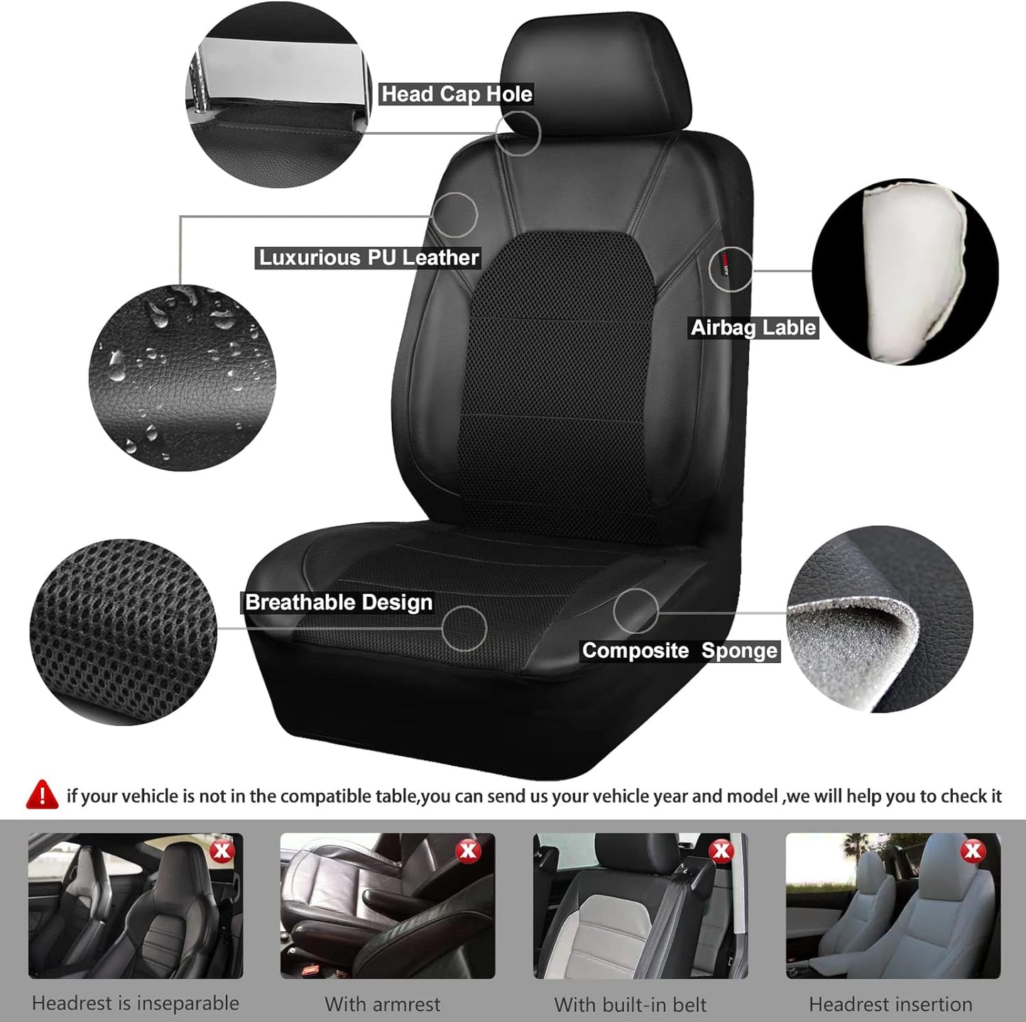 CAR PASS Leather Two Front Car Seat Cover; 4Pcs Waterproof Car Floor Mats & Steering Wheel Cover,Universal Fit Airbag Compatible Automotive Interior Covers (Combo Set, Black)