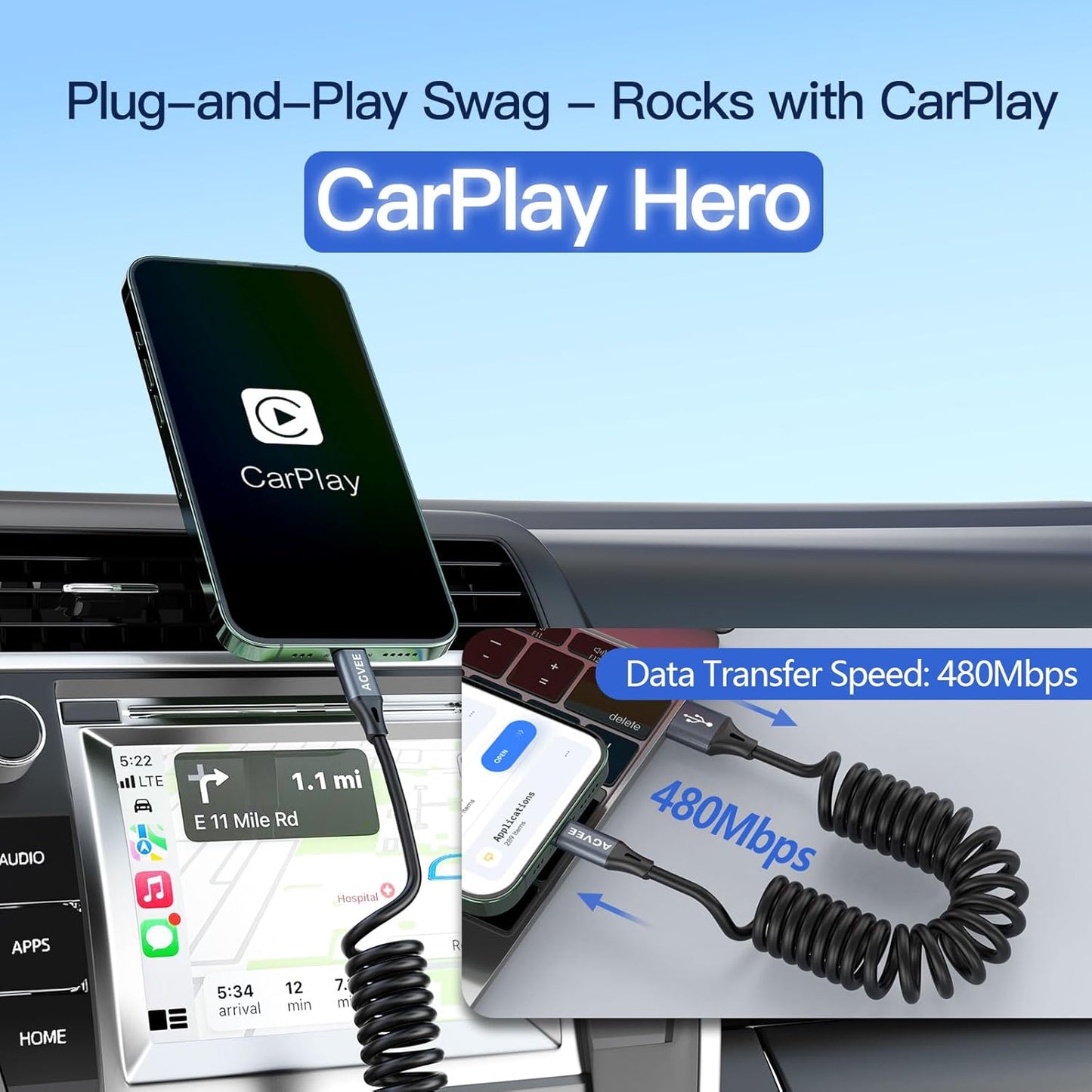 AGVEE 3ft Coiled Short USB to USB-C Charging Cable [USB-IF Certified] 3A Fast Charger Cord in Car for iPhone 16/15 CarPlay, Galaxy S25 S24 S23 S22 S21 S10 S9 S8, Google Pixel, Dark Gray