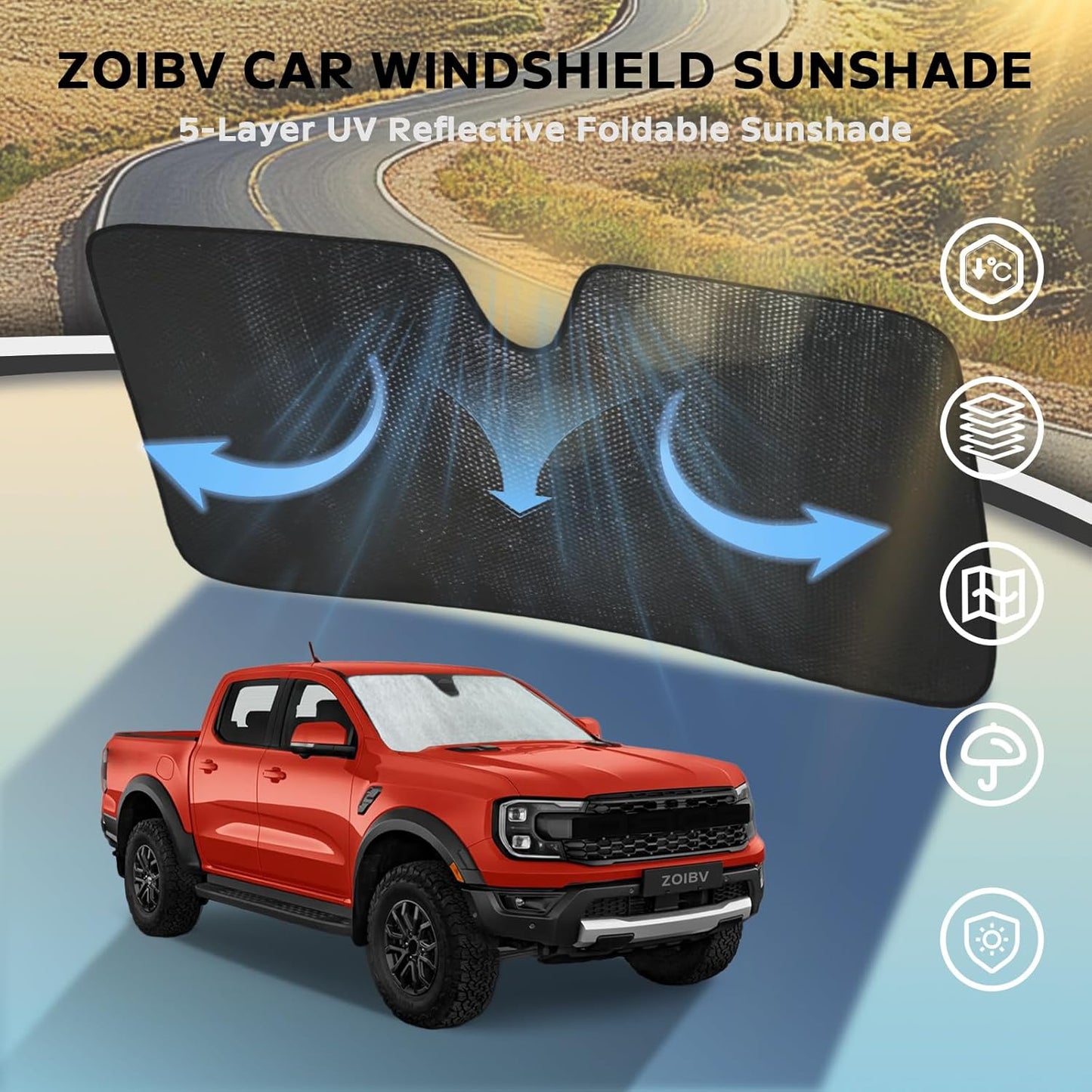 Windshield Sun Shade for Ford Ranger 2019-2025 - 5-Layer Bubble Foldable Front Window Shade Sun Visor Accessories - Blocks Heat & UV Rays