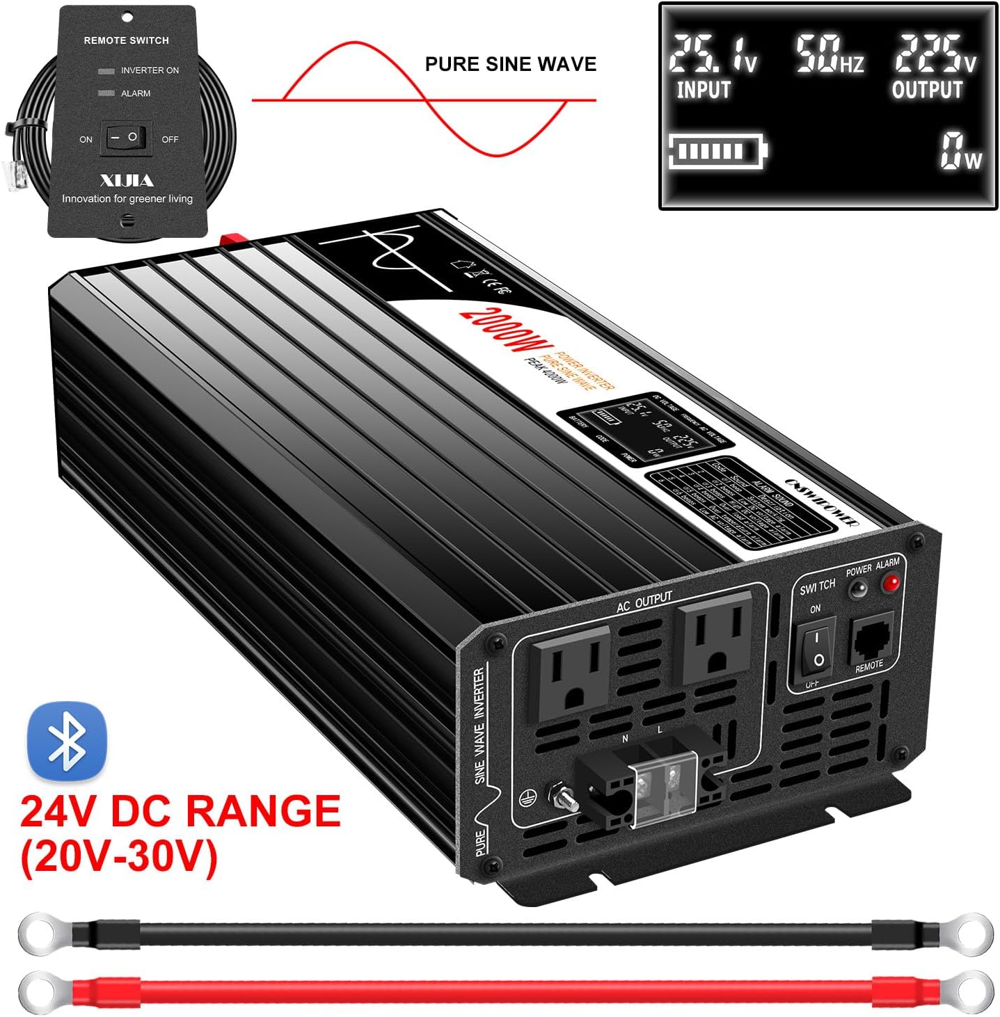 2000W (Peak Power 4000W) Pure Sine Wave dc to ac Inverter Remote Switch DC 24V to AC 120V 60HZ Solar Converter for Home car&Yacht (DC24V (Range 20V-30V) 2000W)