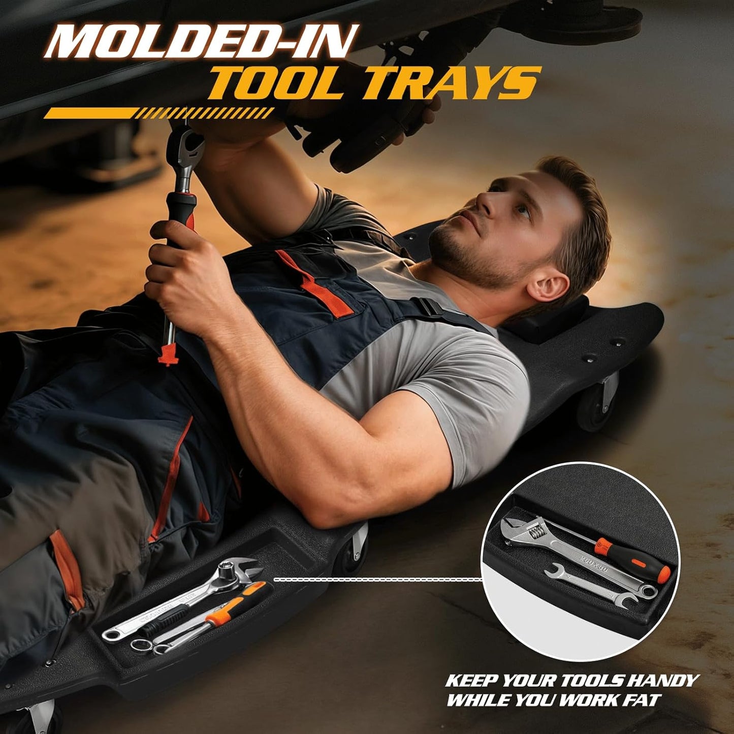 Magshion Mechanic Creeper with Padded Headrest and Dual Tool Tray, Rolling Garage Floor Creeper with 6 Wheels, Lightweight and Portable Automotive Creeper - 440 lbs Capacity (Black)