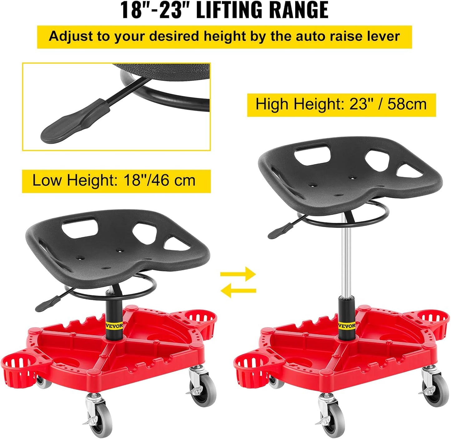 VEVOR Rolling Garage Stool, 300LBS Capacity, Adjustable Height from 18 in to 23 in, 360-degree Swivel Wheels (4"), Large Tool Tray with Two Bottle Holder, for Workshop, Auto Repair Shop, Red