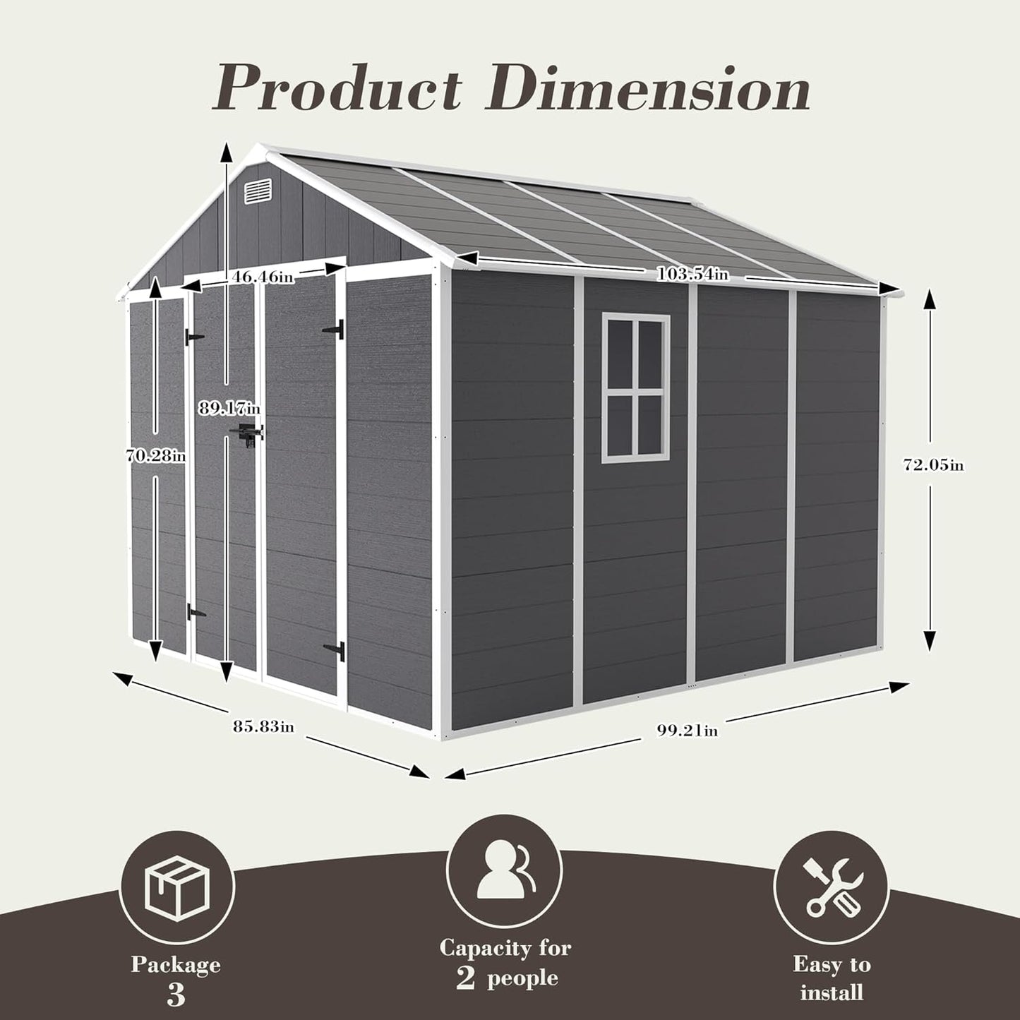 MyVoice 8x8 FT Outdoor Resin Storage Shed with HD Window, Rustproof Waterproof Garden Tool Shed, 12mm Thickened PP Panels, Large Capacity Outdoor Utility House for Backyard Patio (with Floor)