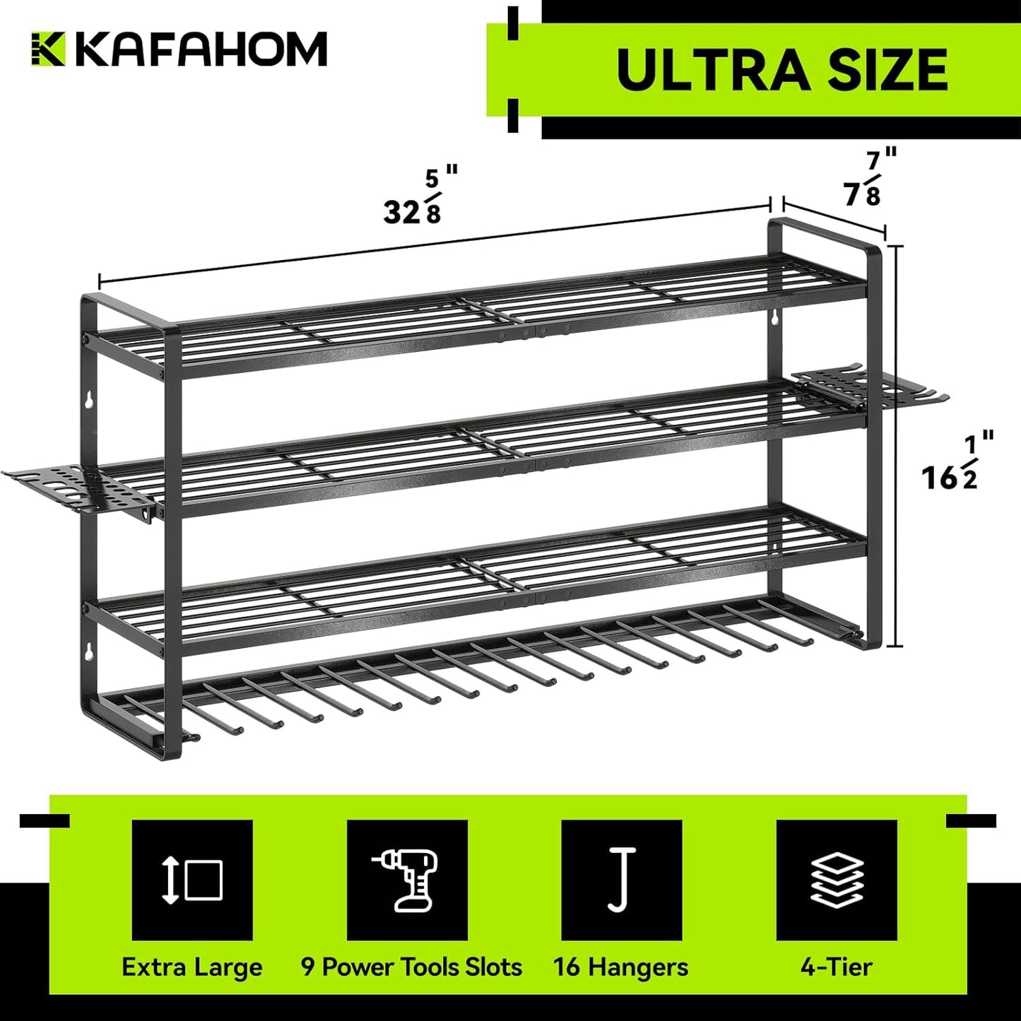 KAFAHOM Power Tool Organizer Wall Mount, 9 Drill Holders for Garage Organization,4 Layer Power Tool Rack,Tool Organizer and Storage with 2 New Accessories, Gifts Idea for Men/Dad/Husband