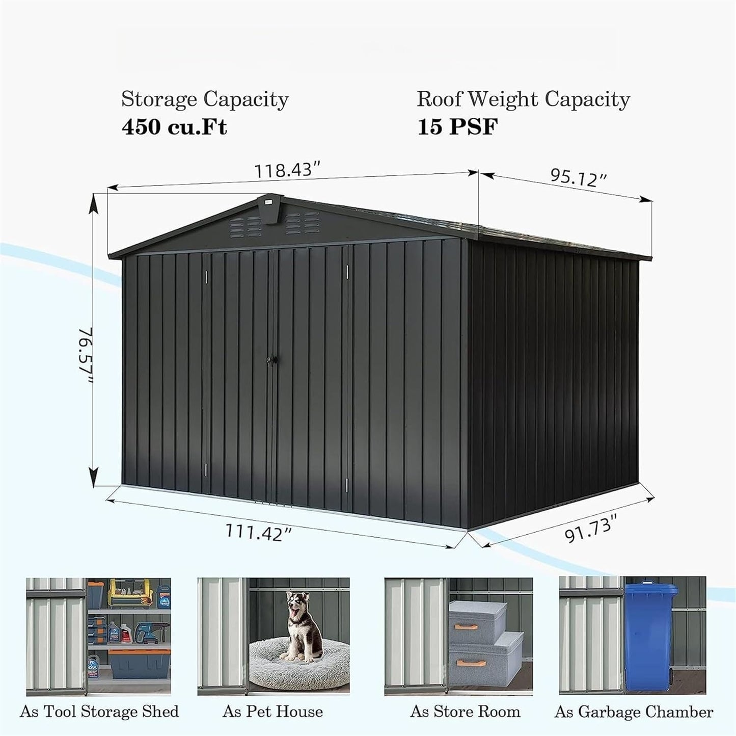 IKERY Galvanized Steel Storage Shed 10' x 8' with Lockable Door - Extra Large Metal Garden Shed for Bikes, Tools, Trash Cans - Backyard & Patio - Dark Gray