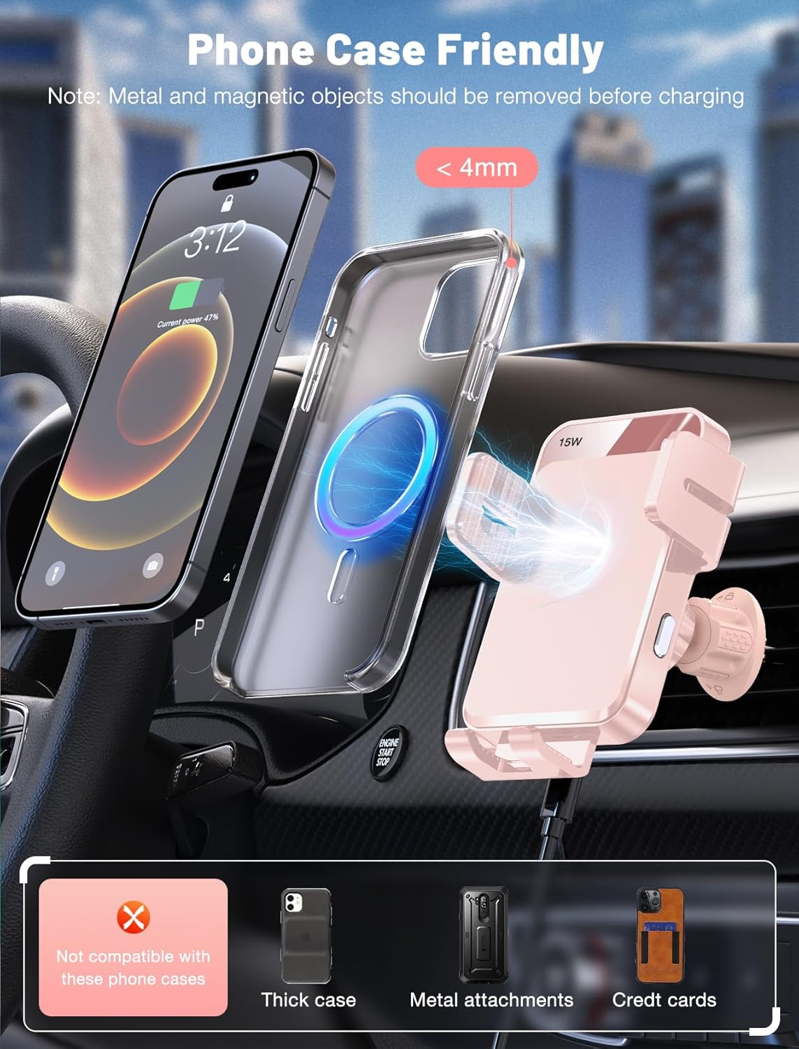 MOKPR Wireless Car Charger, Auto-Clamping Car Mount 15W/10W/7.5W Fast Charging Air Vent Car Phone Mount Compatible with iPhone 15/14/13/13 Pro/12 Pro Max/12 pro/12/11/10 Series, Samsung Galaxy Pink