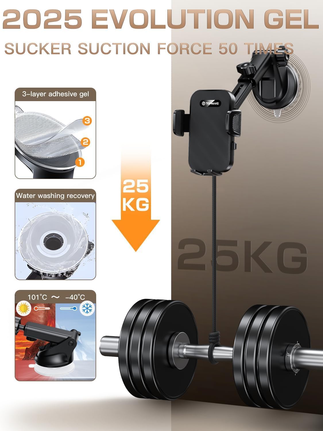 Topmake Car Phone Holder Mount,【2025 Upgrade】 3-in-1 Cell Phone Holder for Car, Dashboard Windshield, Suction Cup Hands-Free Car Phone Stand, Automobile Cradles Universal,Black